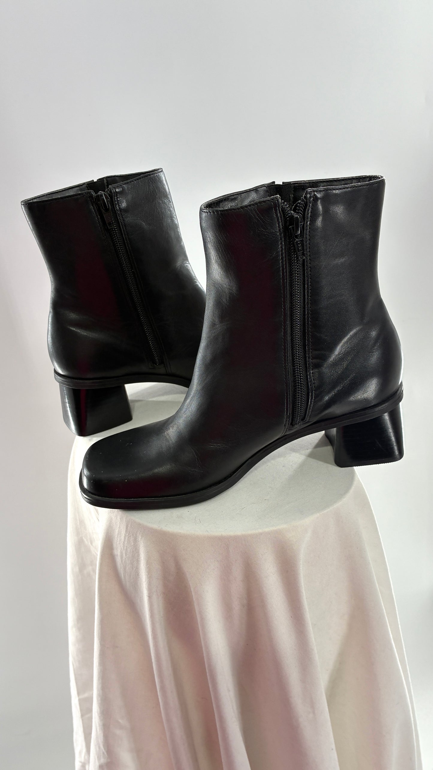 Vintage Naturalizer Black Square Toe Genuine Leather Block Heel Boots Made in Brazil (8)