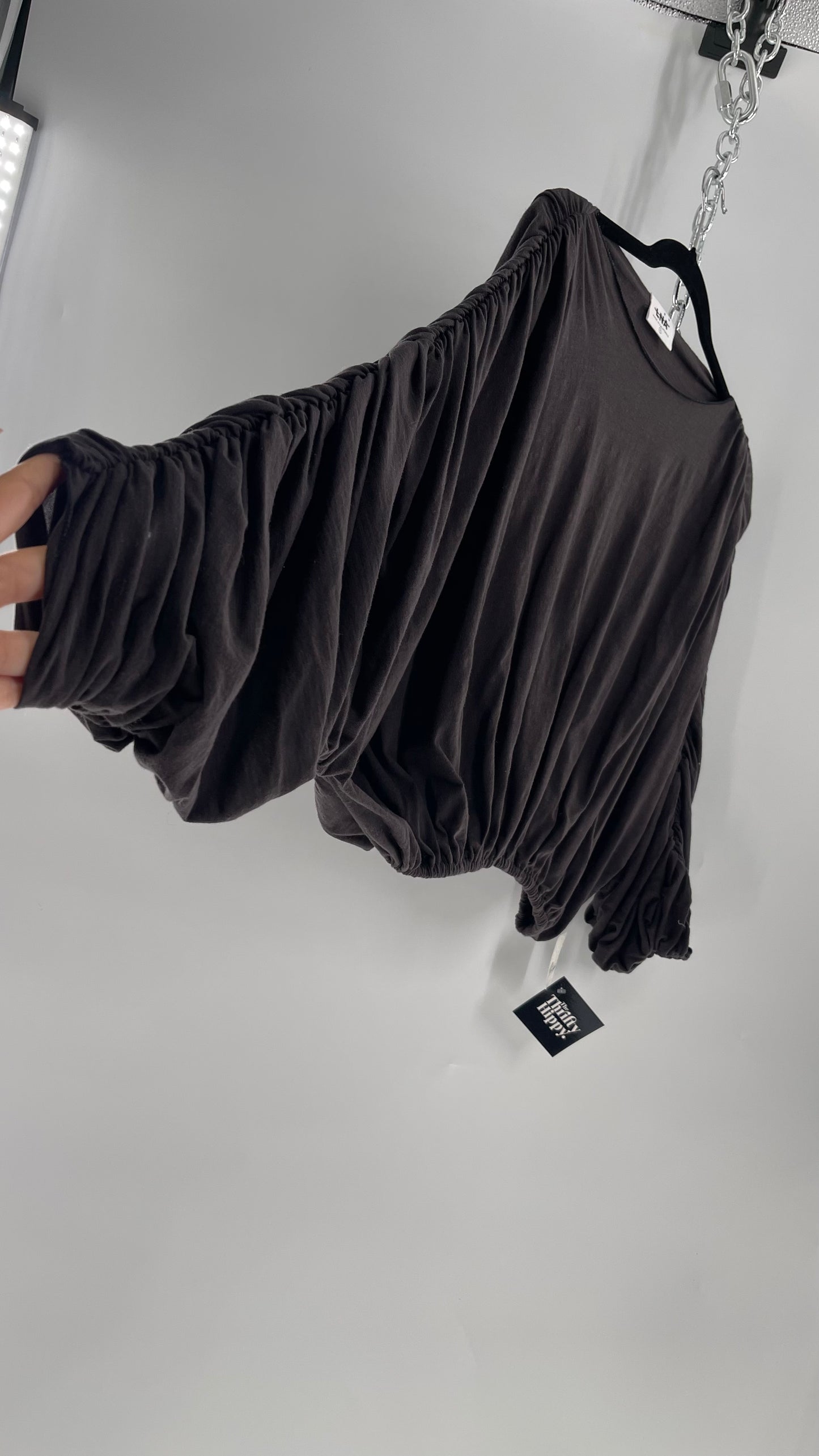 LNA California Made Free People Distopian Dark Grey Drape, Slouchy Ruched Long Sleeve with Tags Attached (Small)