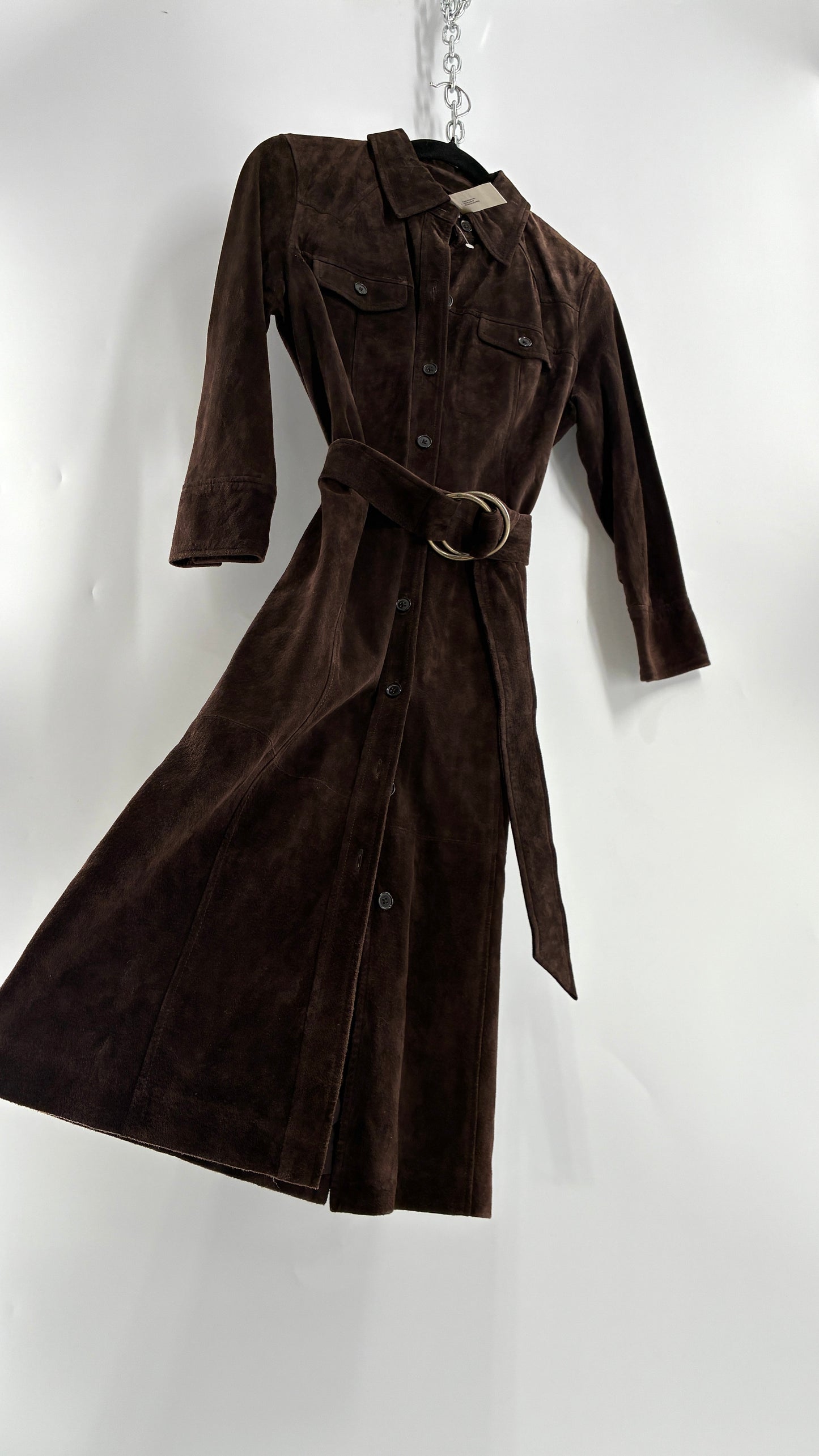Vintage LOFT Brown Suede Leather Button Front, Belted Midi Dress with Tags Attached (4)