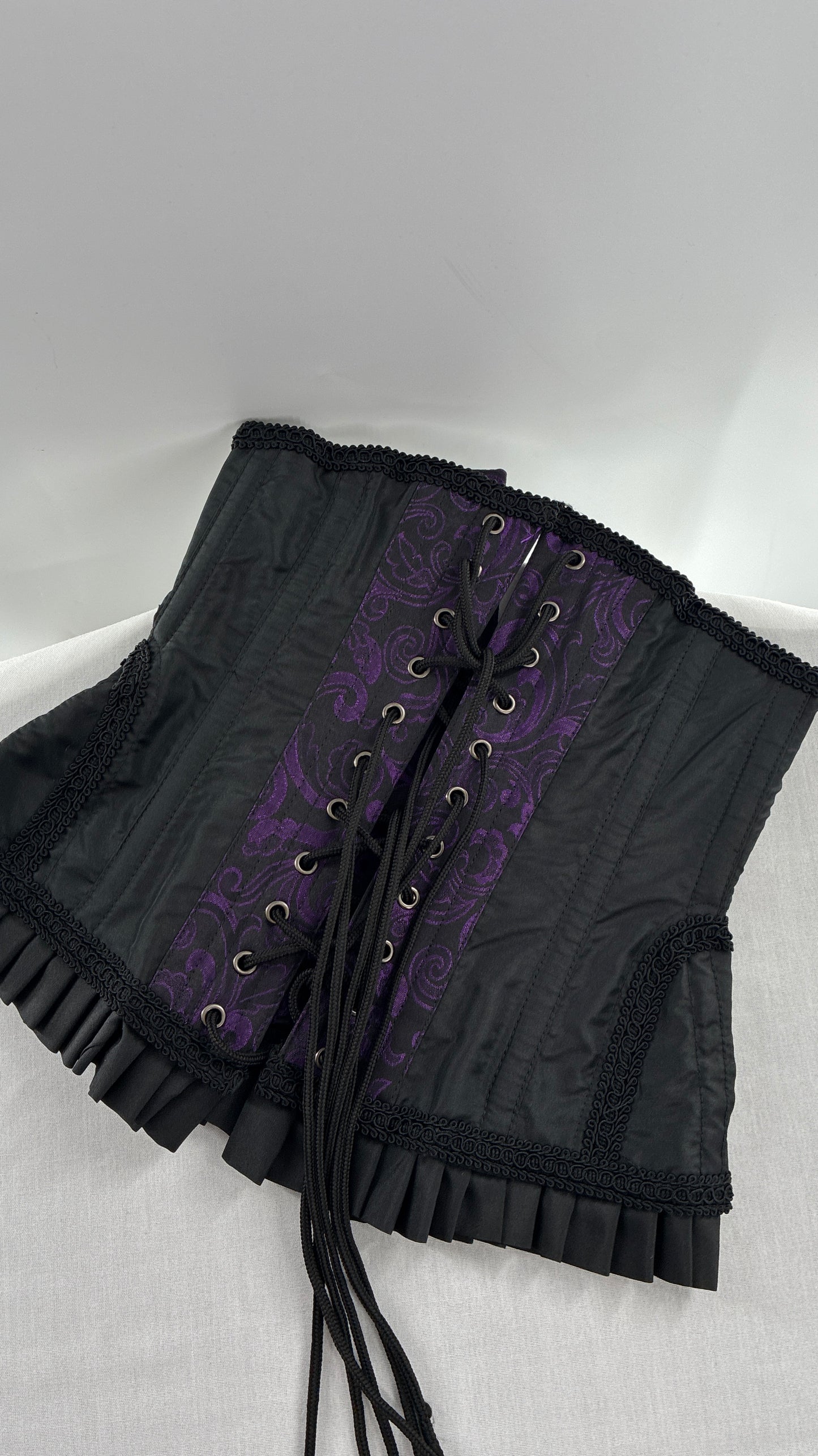 Vintage Black and Purple Brocade Corset with Pleated, Ruffled Hem (Sz 22)