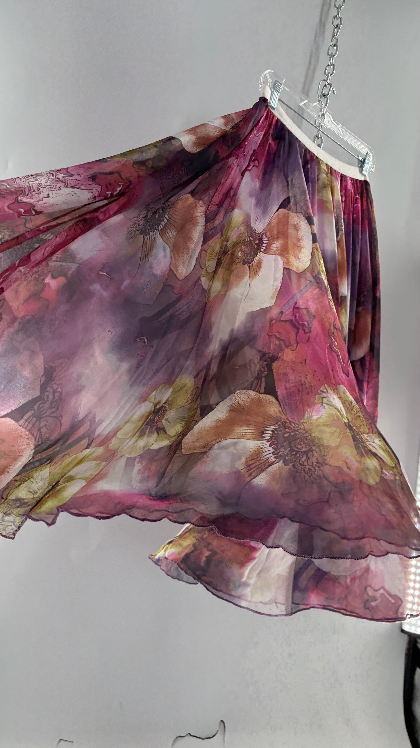 Vintage Full Length Silky Graphic Florals Skirt (Medium)