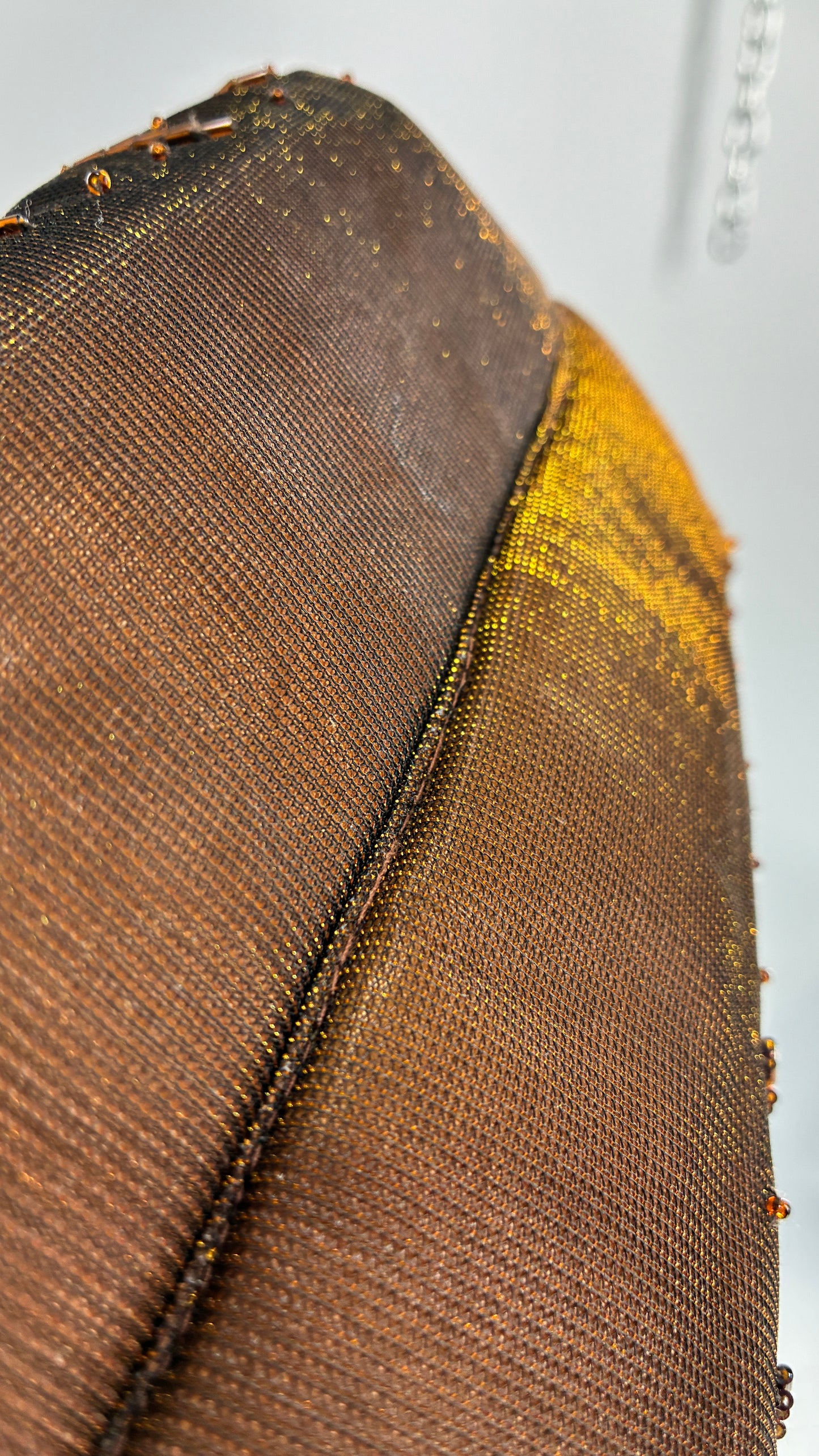 Vintage Brown Beaded and Sequin Purse with Bronze Metal Closure and Iridescent Fabric