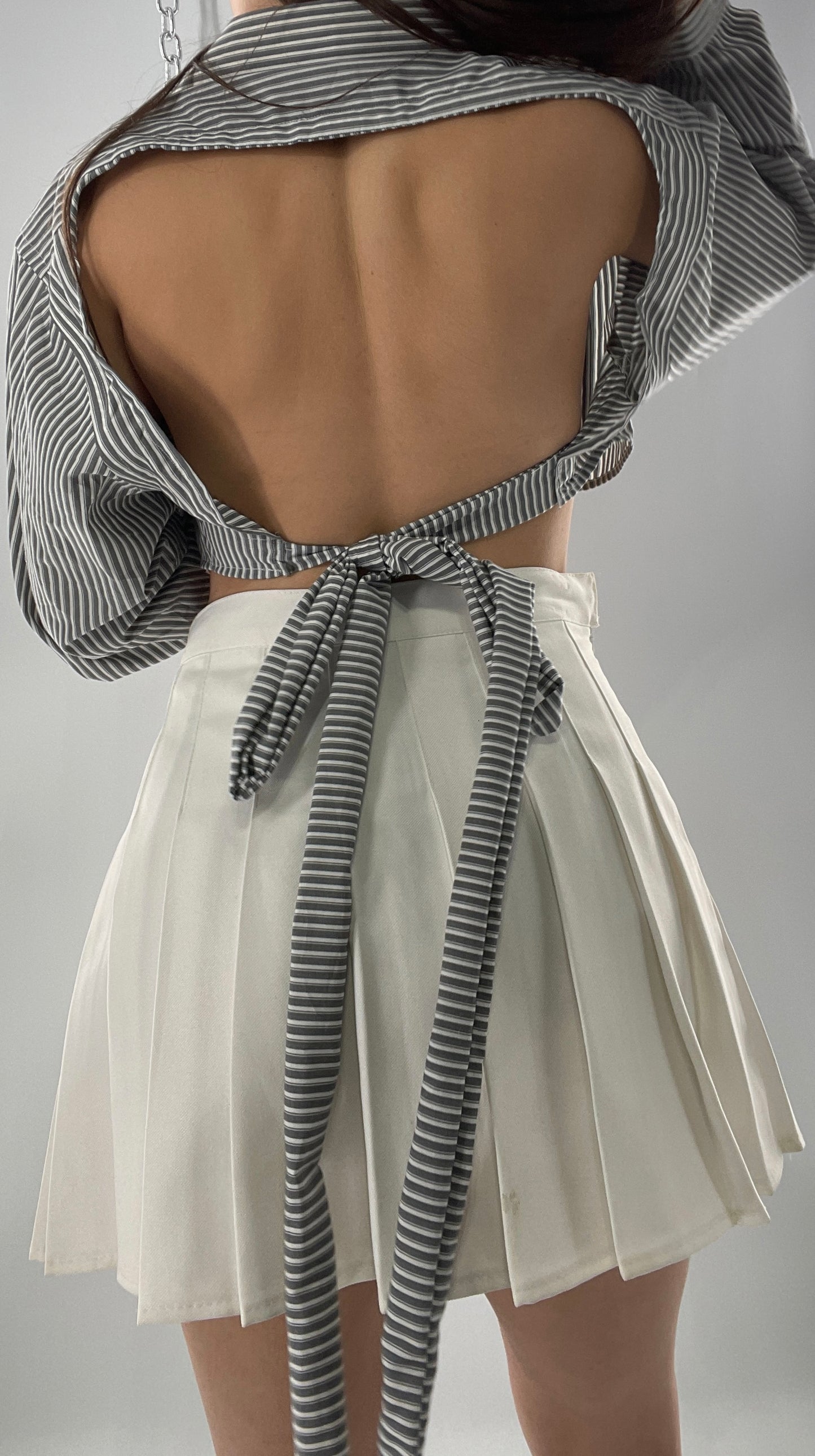 Vintage Reworked Button Front Backless Grey Blue Striped Blouse (One Size)