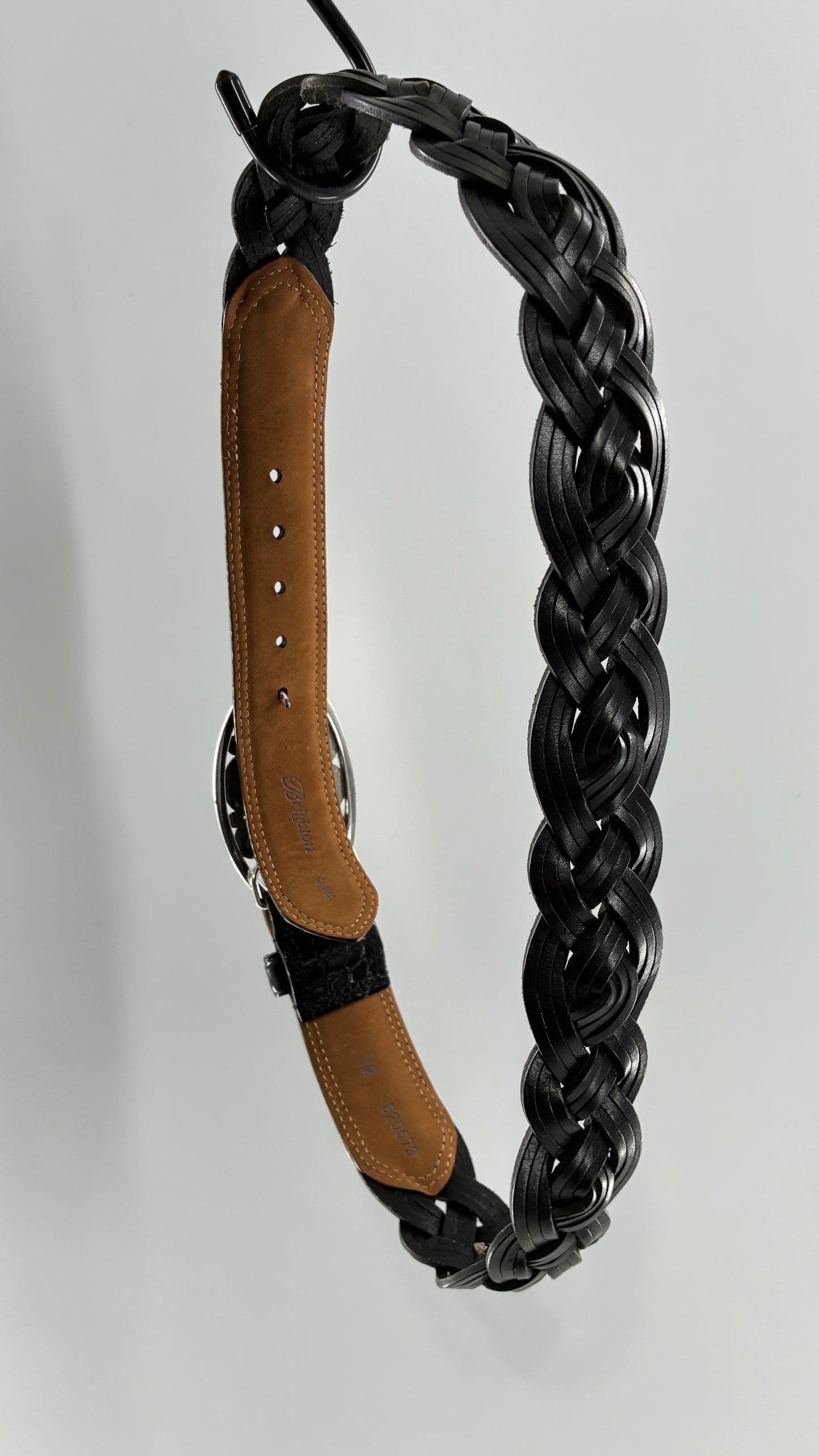 Brighton Black Leather Braided Belt with Oversized Silver Buckle (32)