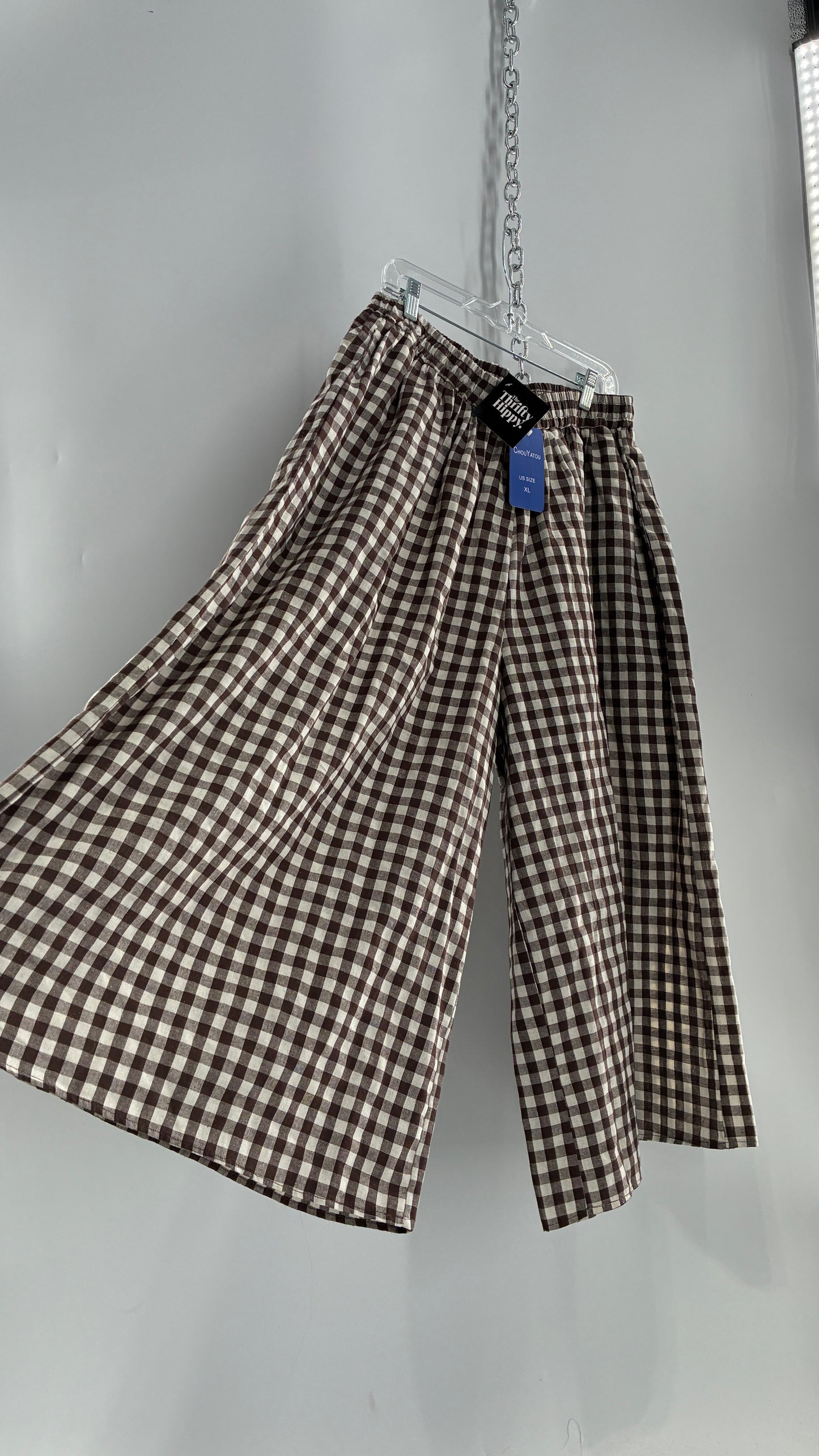 Wide Leg Brown Gingham Picnic Pants (XL)