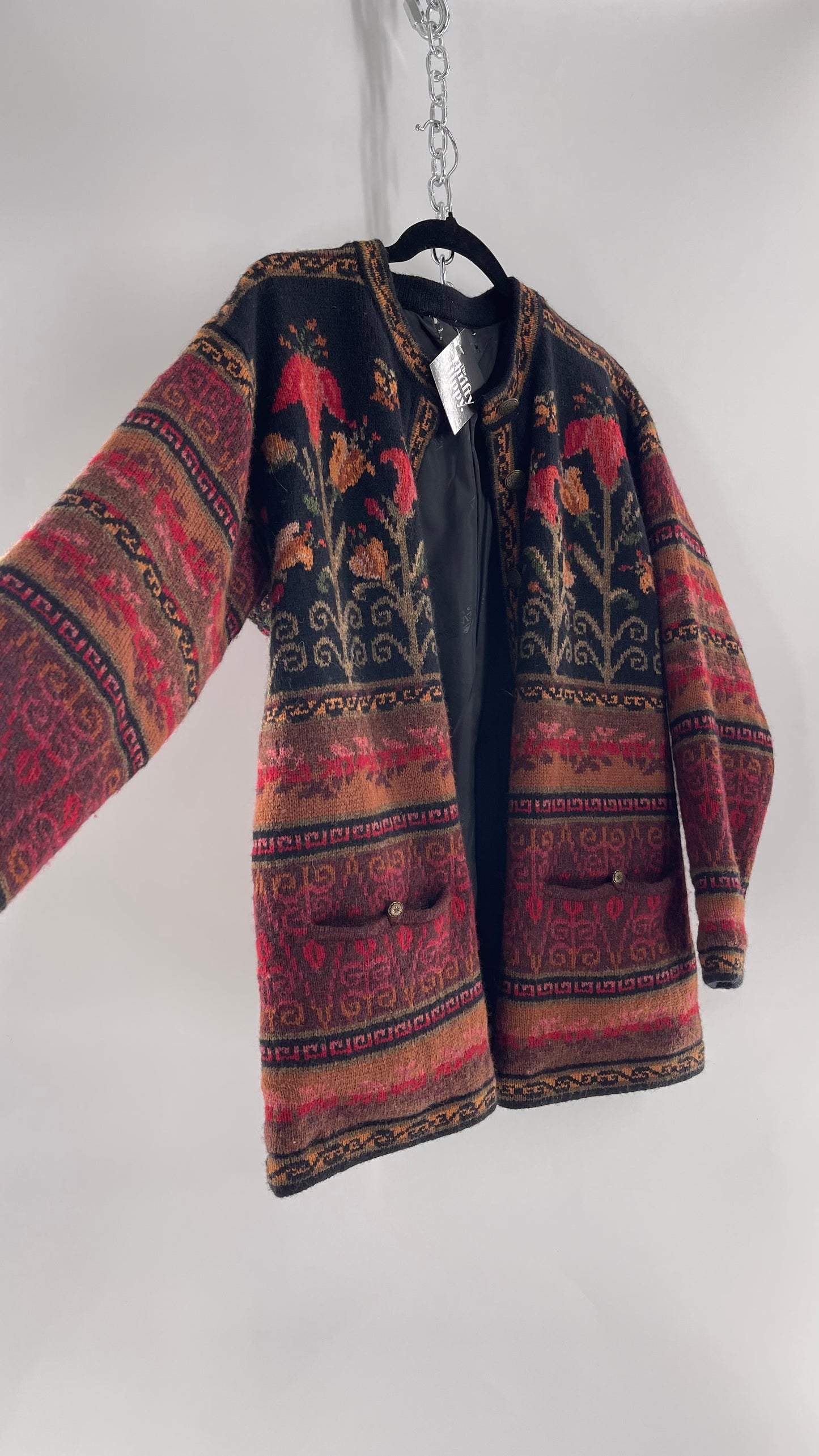 Vintage Iceland Design Wool Jacket with Brass Embossed Buttons and Folk Floral Patterning(C)(Medium)