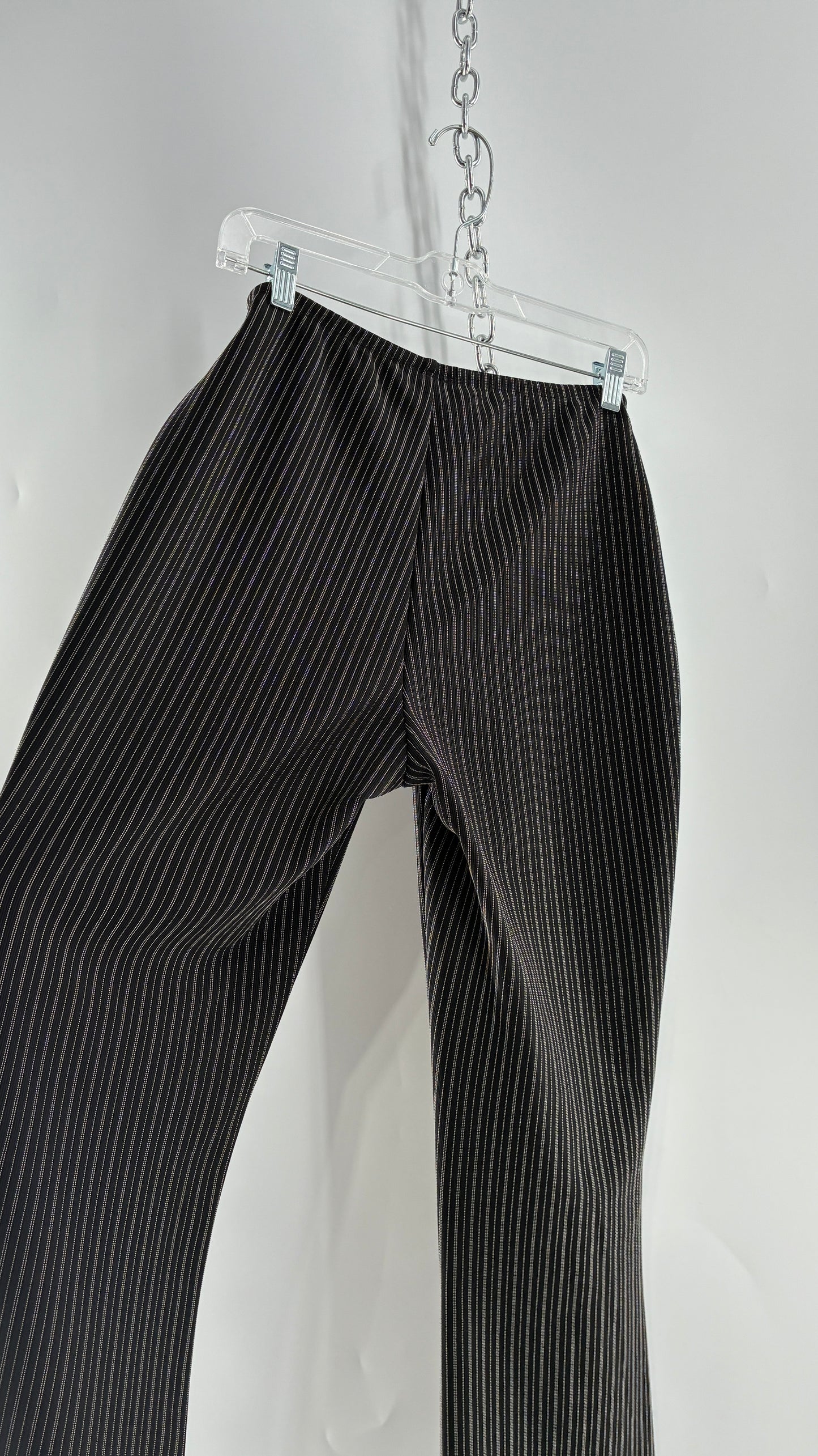 Vintage FASHION BUG Low Rise Black Striped Kick Flares with Silver Buckle Belt 1990s (6)