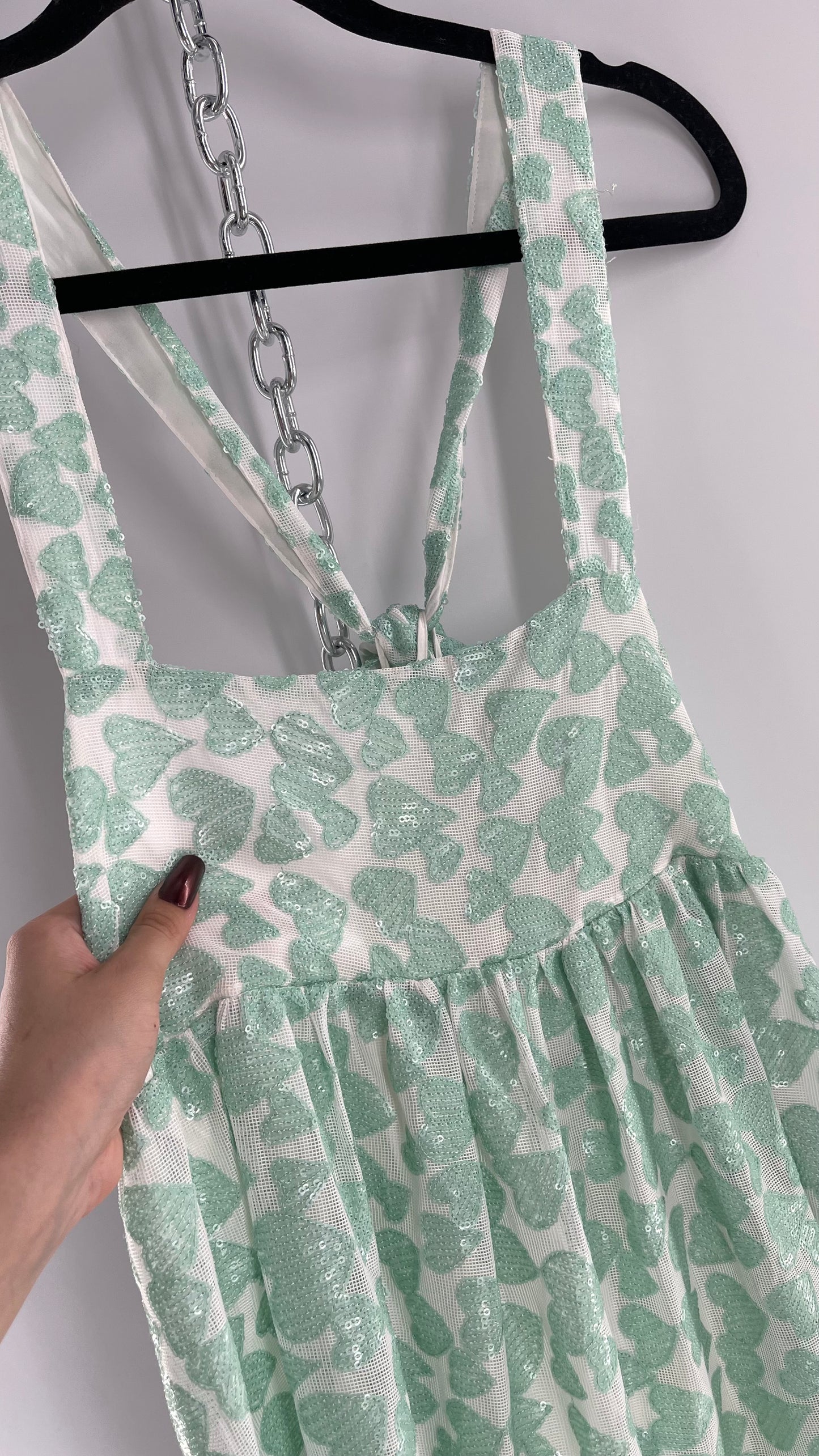 Kimchi Blue Babydoll Dress Covered in Sequin Teal/Mint Hearts (Medium)