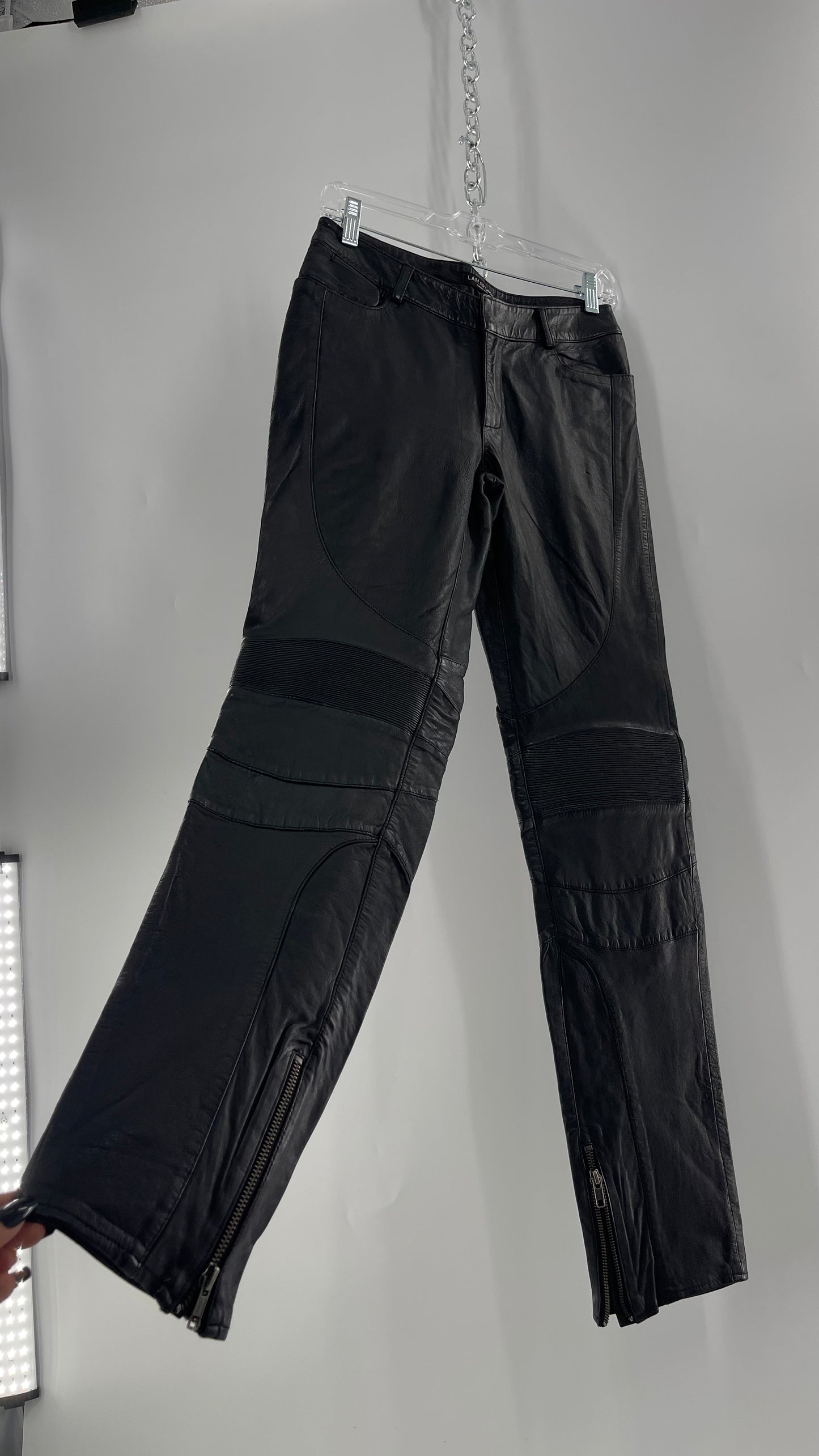 LAMARQUE 1990s Collection Vintage Black Leather Moto Style Pant with Panels, Ribbing and Zipper Details (6)
