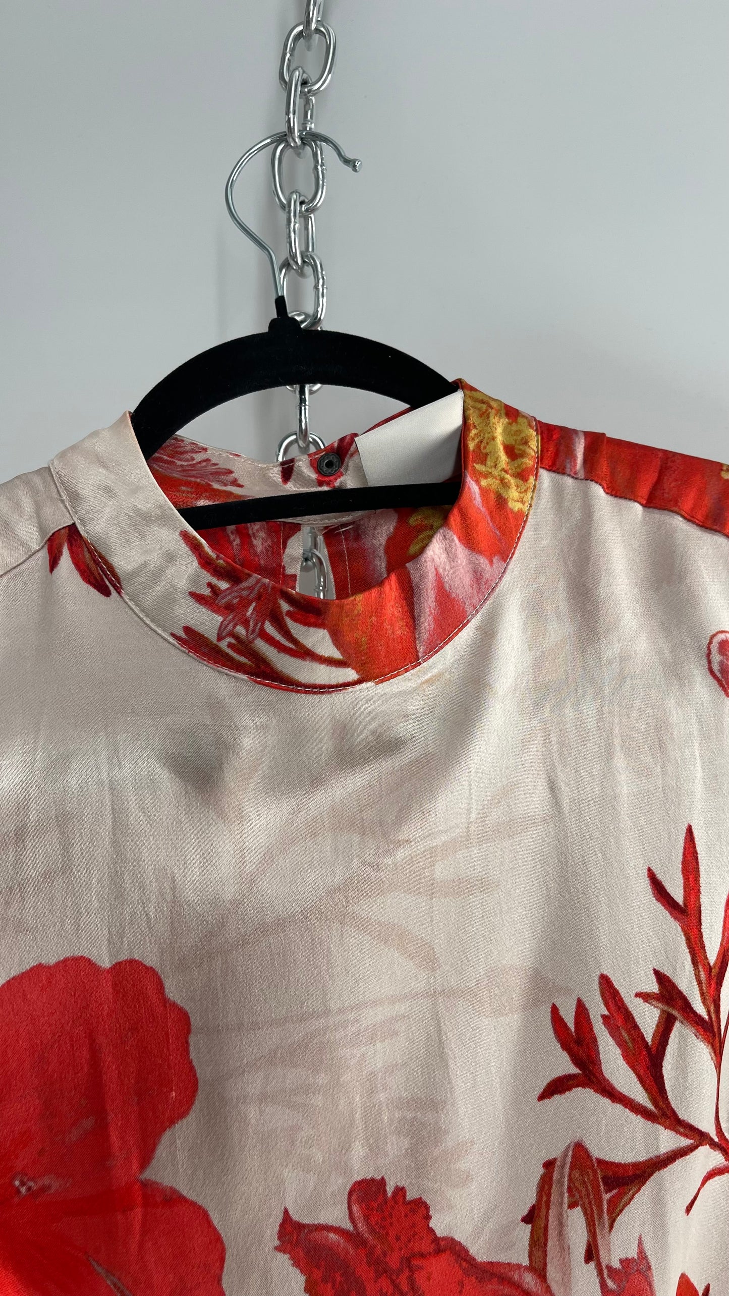 KAREN BY SIMONSEN Silky Champagne and Red Floral Patterned Balloon Sleeve Blouse (34)