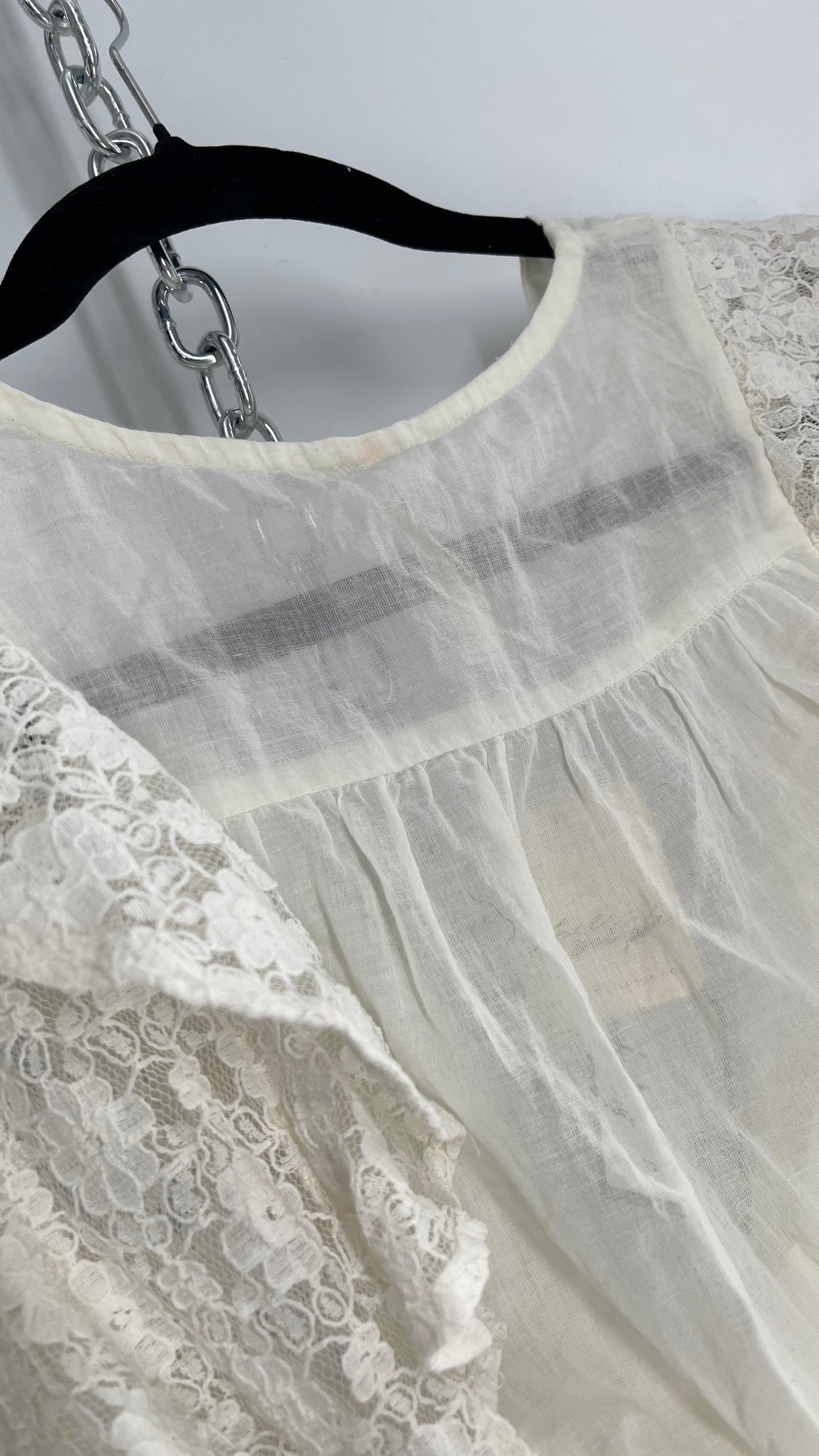 Free People Off White Cotton Tie Around Top with Lace Sleeve Detail and Tags Attached (Small)