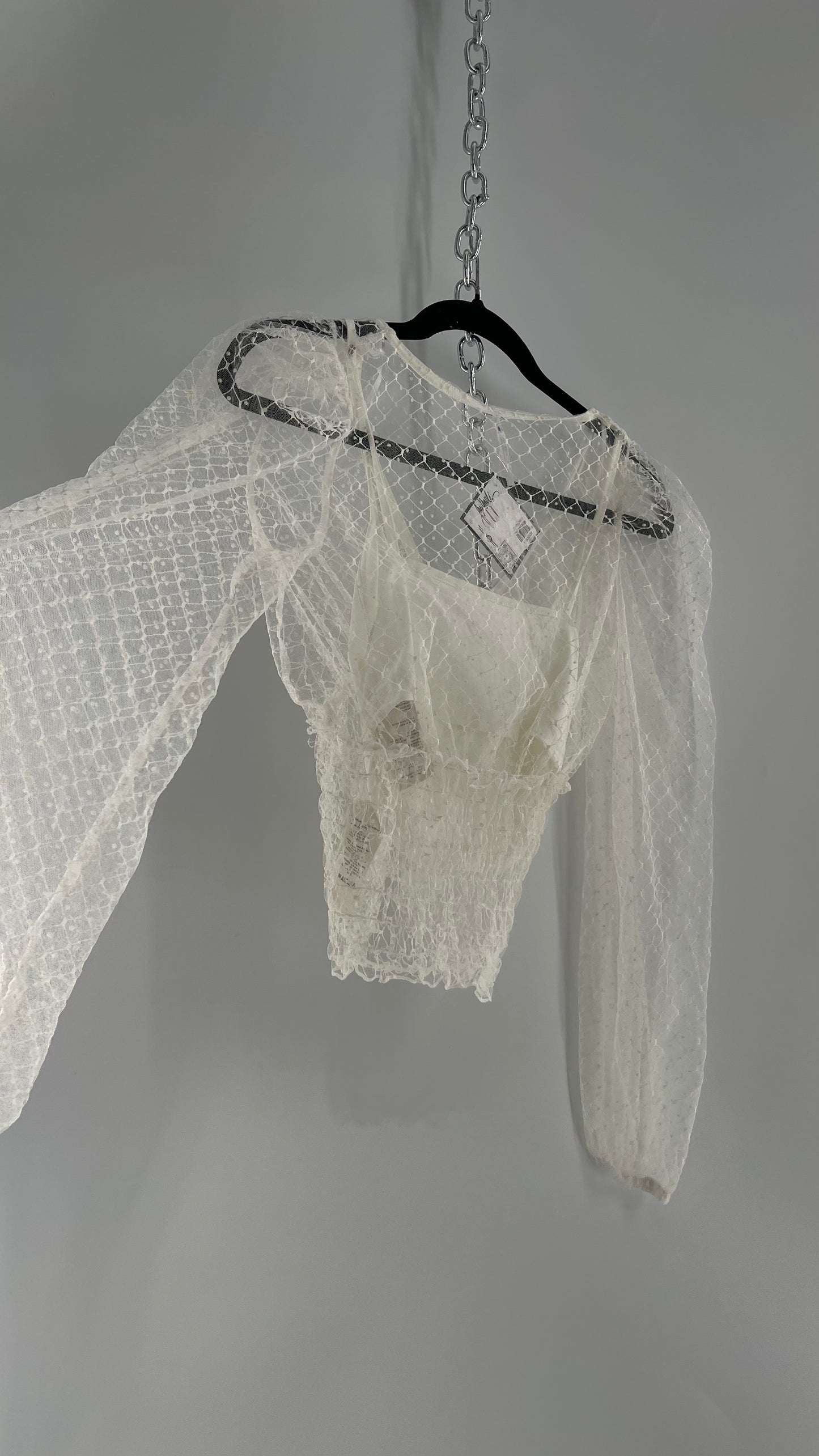 Free People White Embroidered Mesh Blouse with Keyhole Back and Balloon Sleeves (XS)