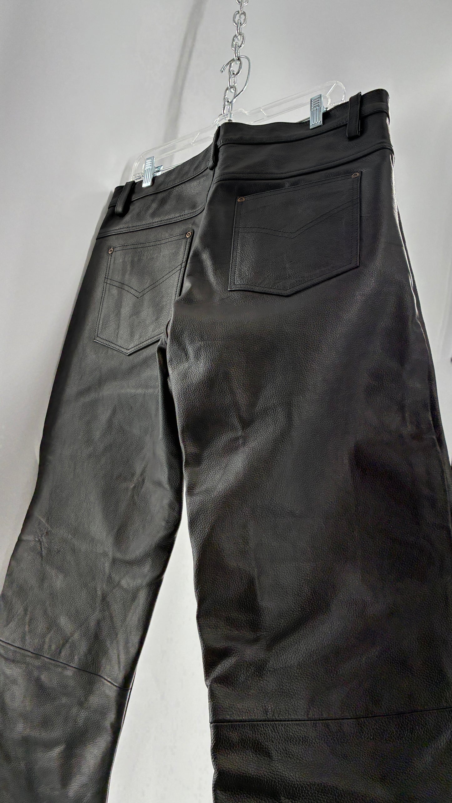 Vintage Button Front, French, Black, Thick Genuine Leather Pants (36)