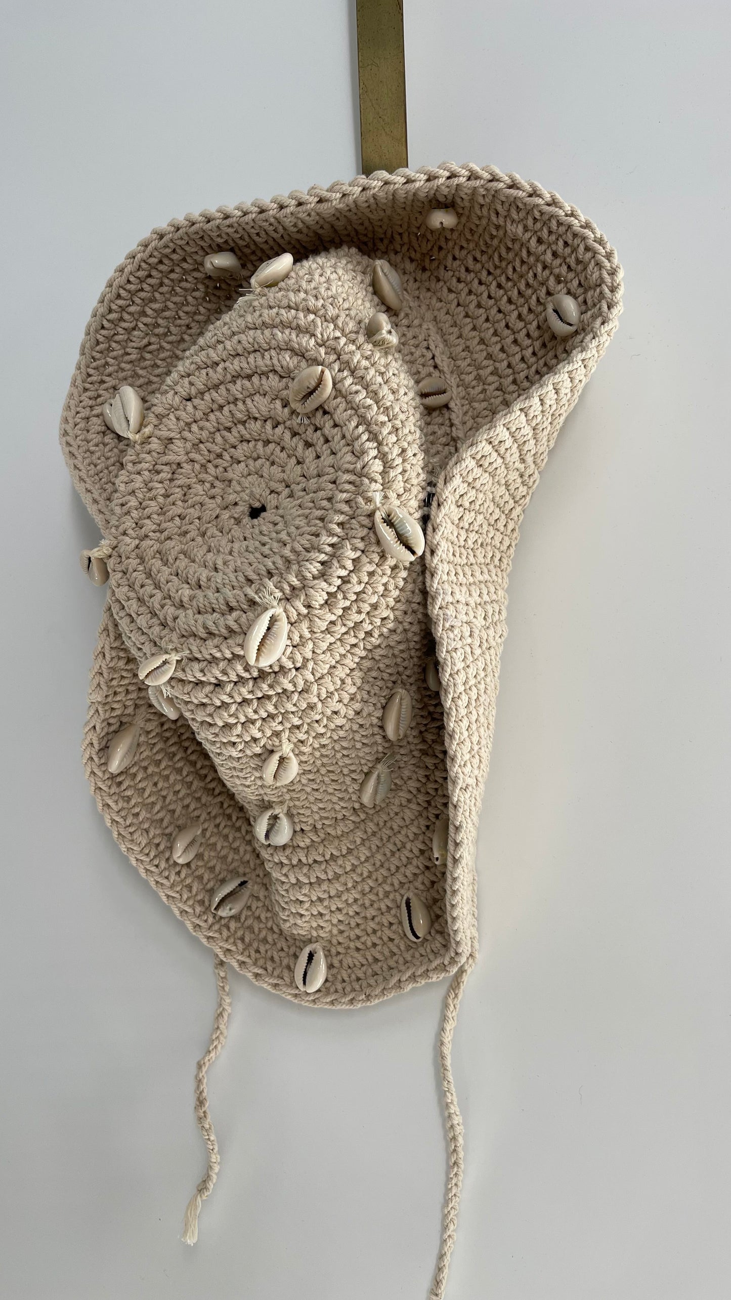 Heavy Knit Crochet Off White Sun Hat with Sewn On Shells and Button Sides