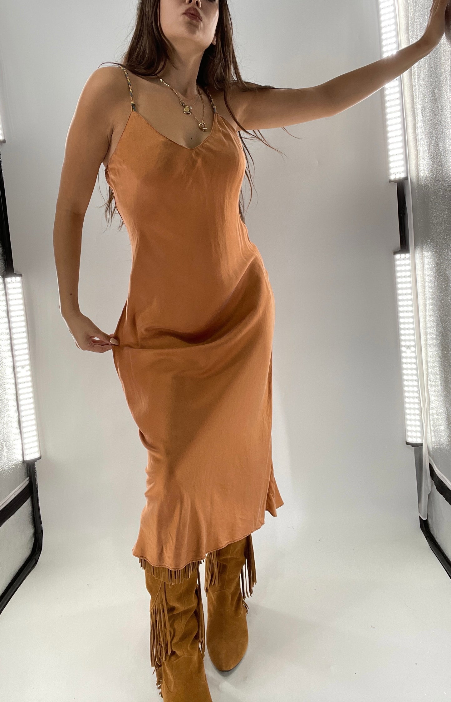 DIANE GILMAN 100% Silk Terracotta Clay Toned Tan Dress (Medium)