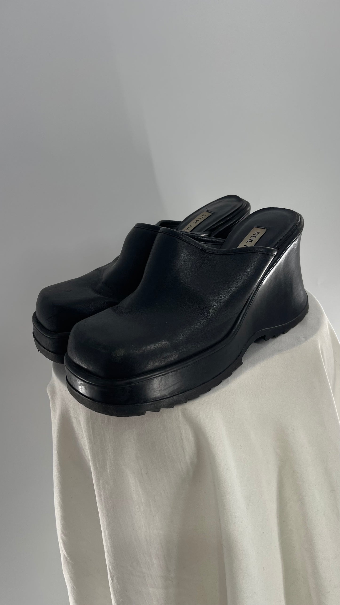 STEVE MADDEN Rare Black Leather Chunky Platform Wedge Clog (10)