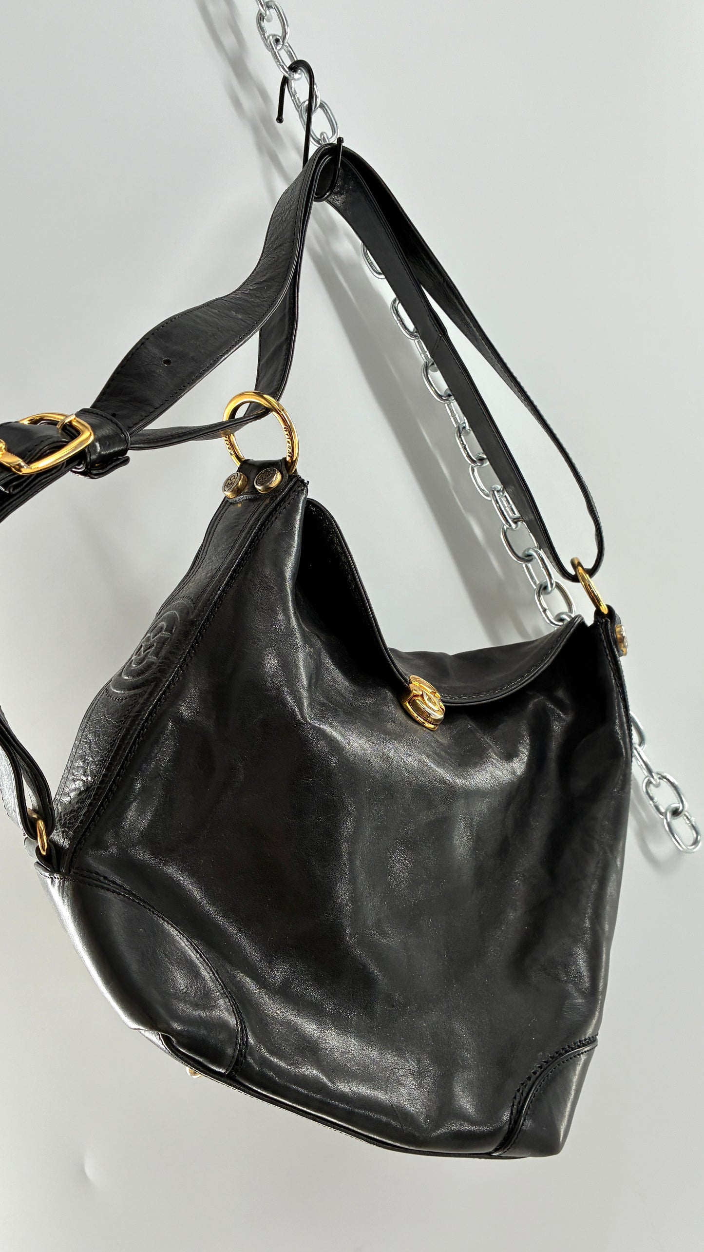 Vintage MARINO ORLANDI Black Leather Purse Made in Italy with Gold Embossed Hardware