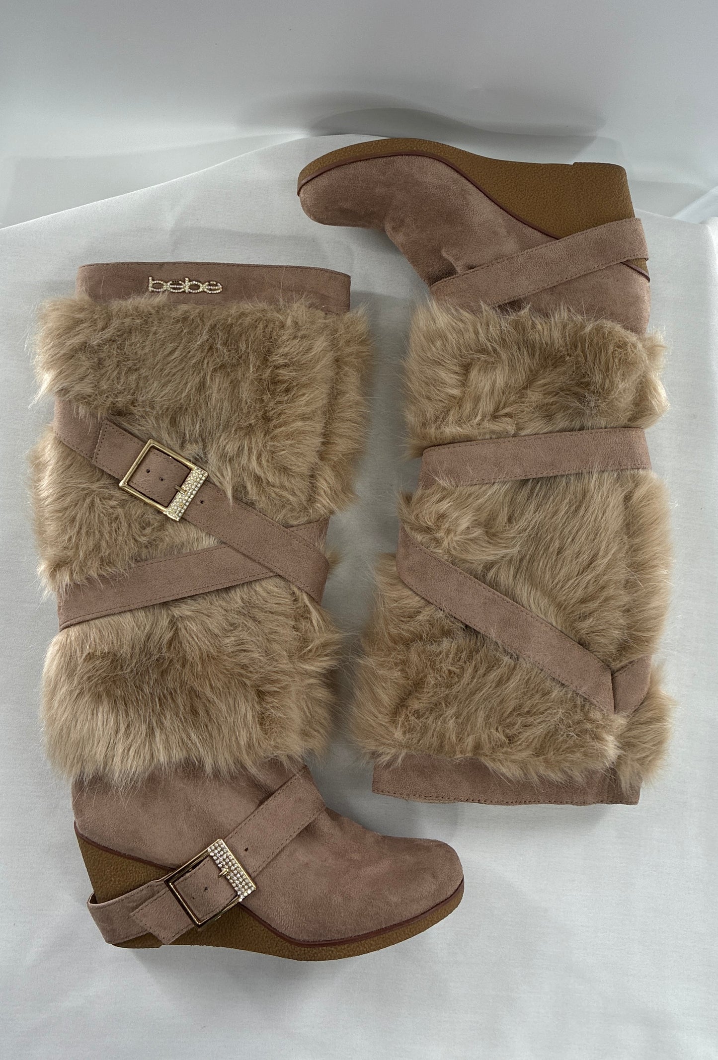 Vintage BEBE Wedge Heel Knee High Vegan Fur, Strappy Boots (6)