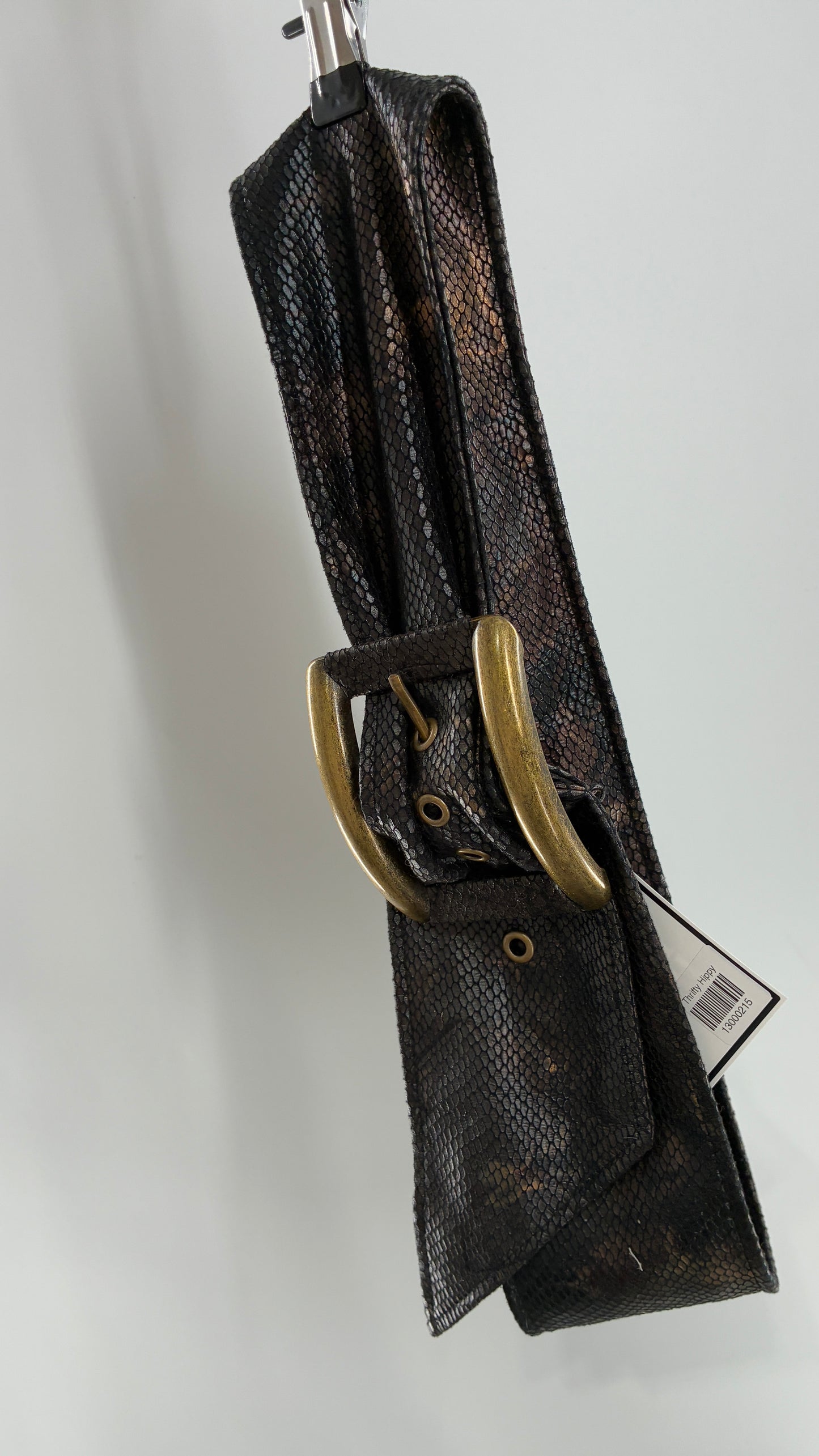 Vintage Snake Skin Patterned Wide Belt with Gold Brass Oversized Buckle (Large)