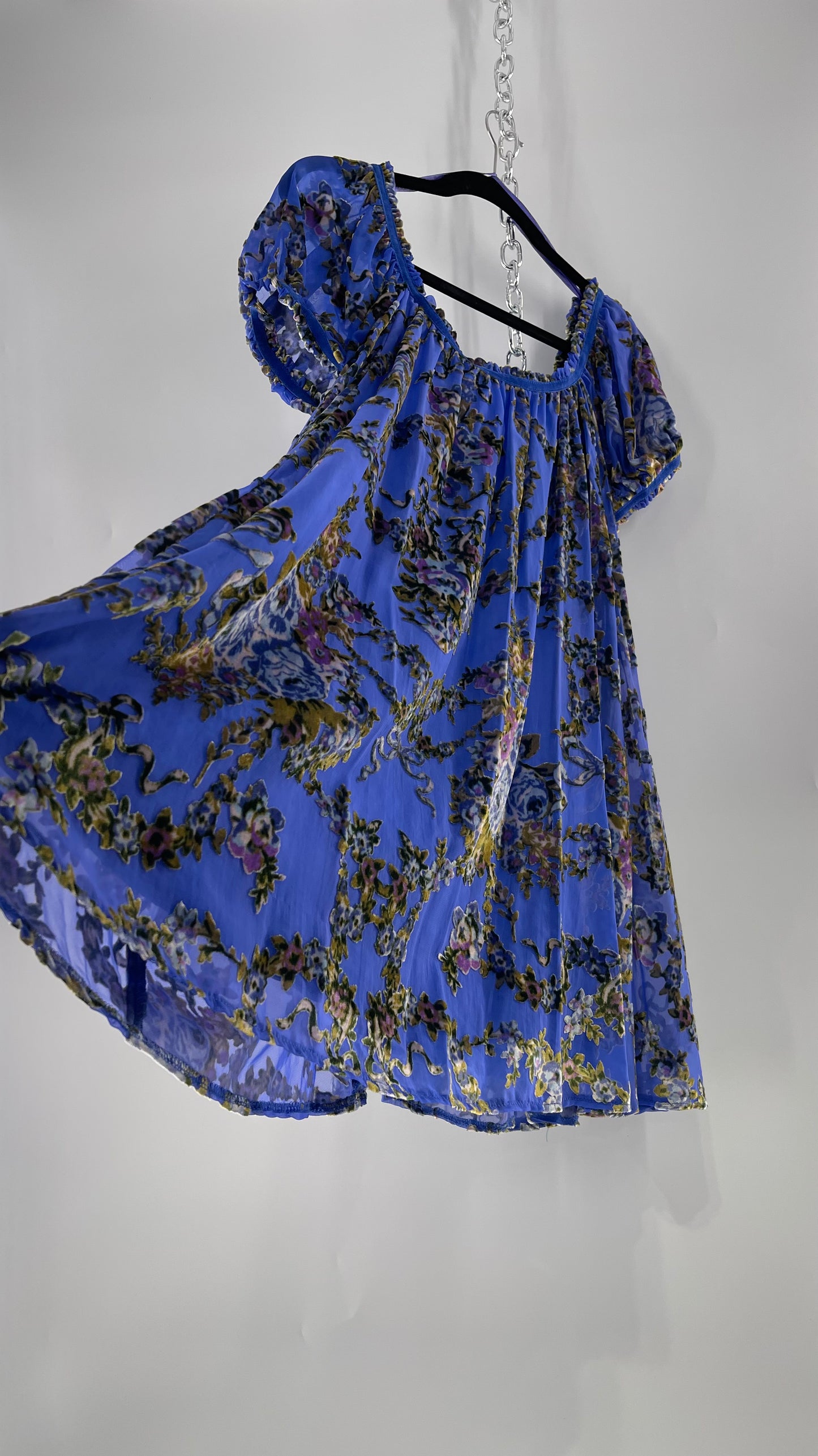 Free People Royal Blue Velvet Floral Babydoll Dress (Small)