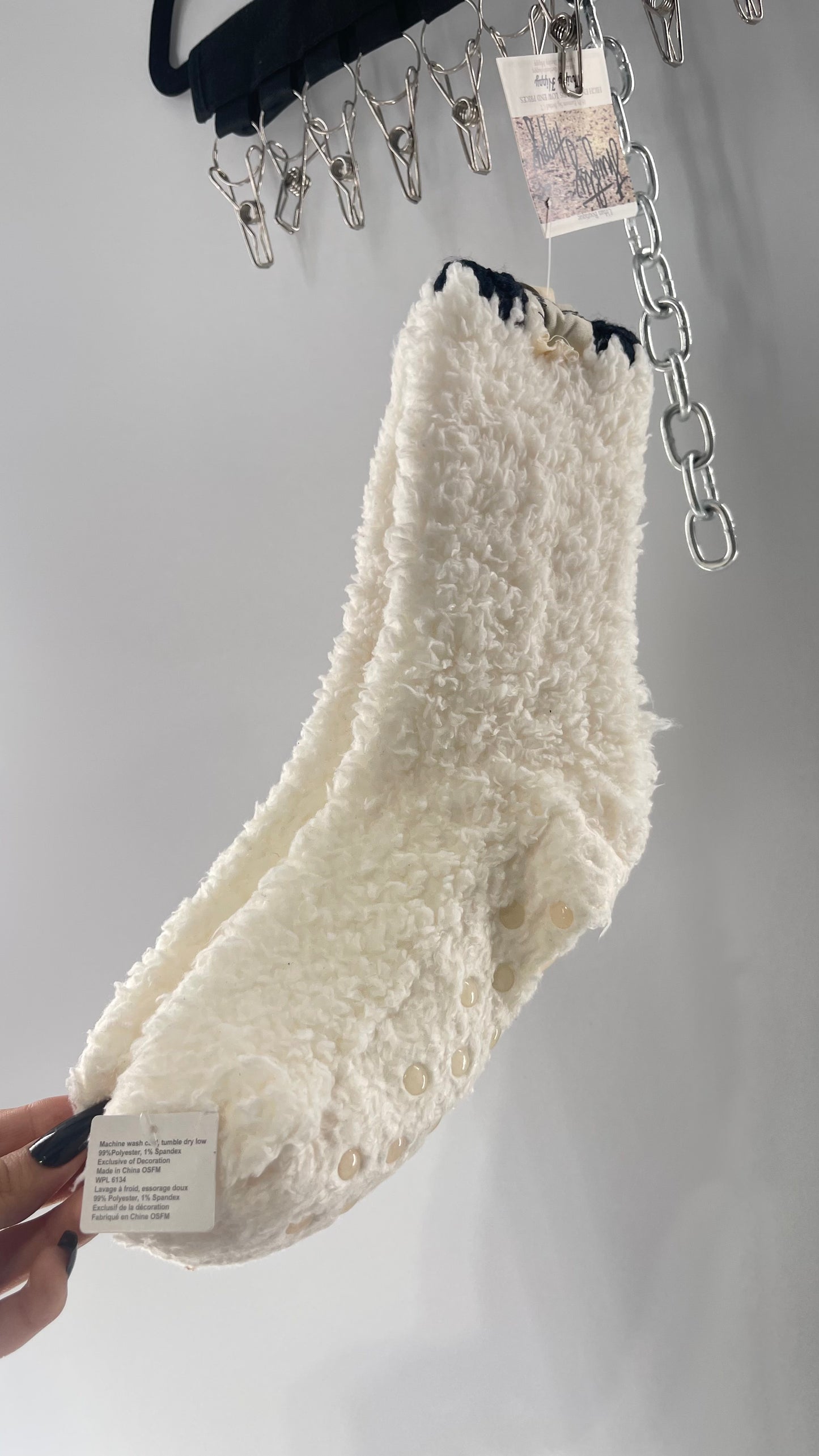 Free People White Fluffy Socks with Sole Grips with Black Stitched Detail on the Ankle