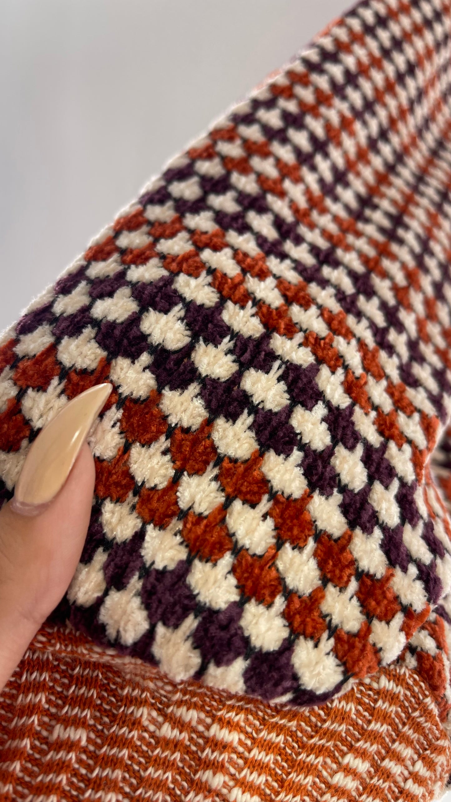 Free People Collared, Orange/Purple Chenille Knit Houndstooth Checkered Patterned 70s Dress (Small)