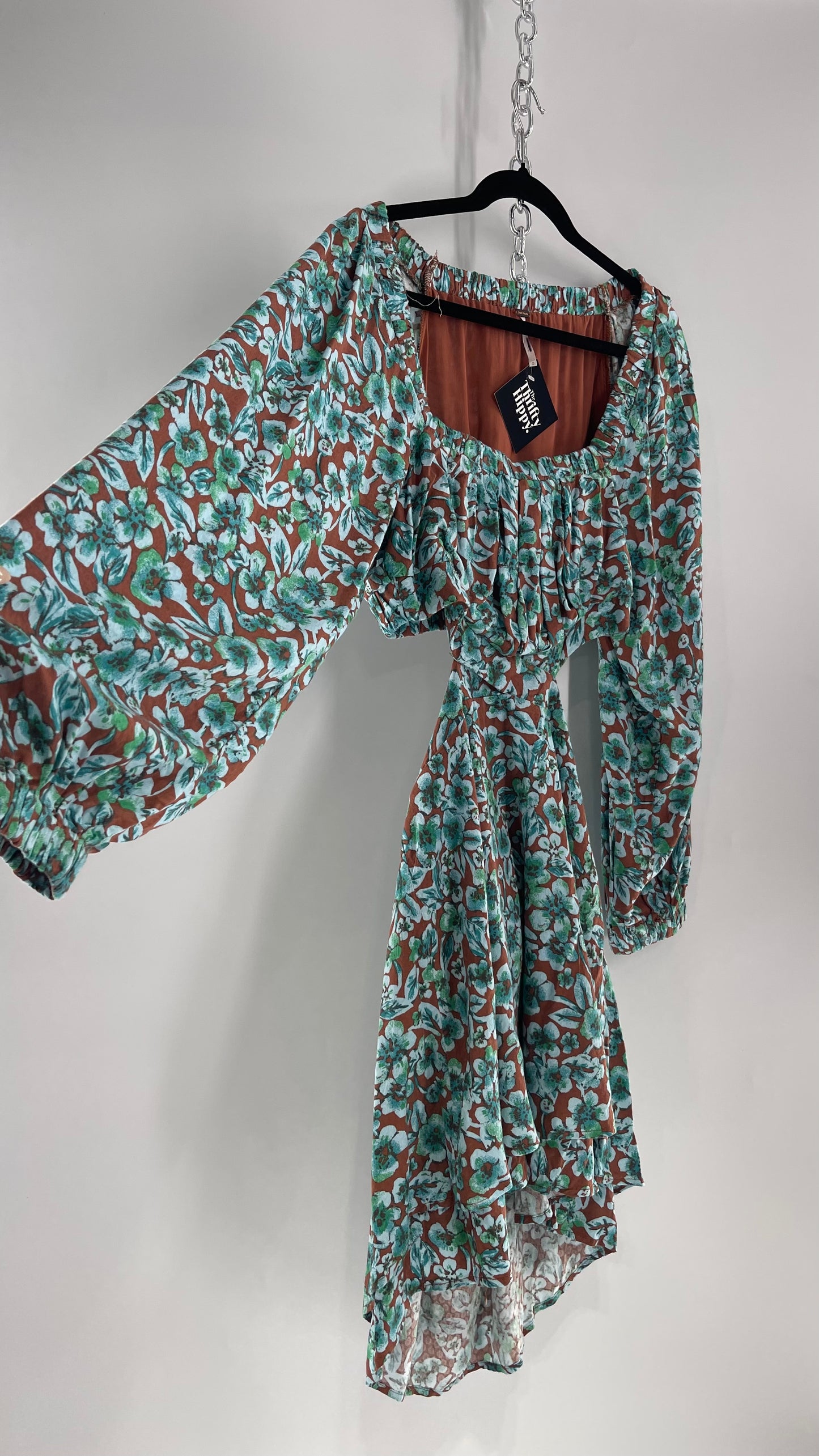 Free People Brown Cut Out Milkmaid Mini with Blue Florals (Medium)