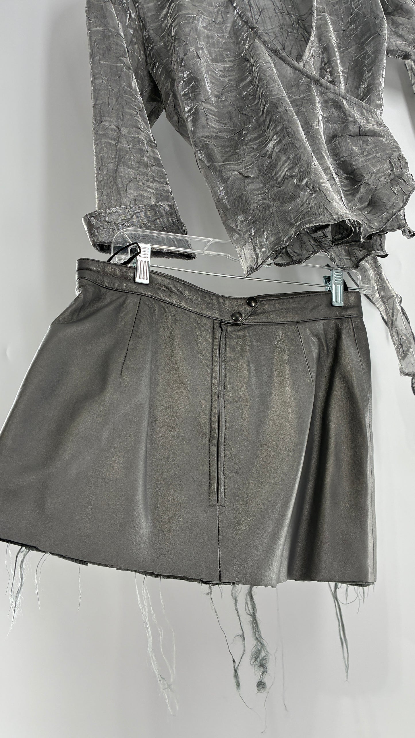 Vintage 1980s JUST PIERRE 3pc Metallic Silver Leather Trench Coat, Micro Mini Skirt and Sheer Blouse Set (S/M)