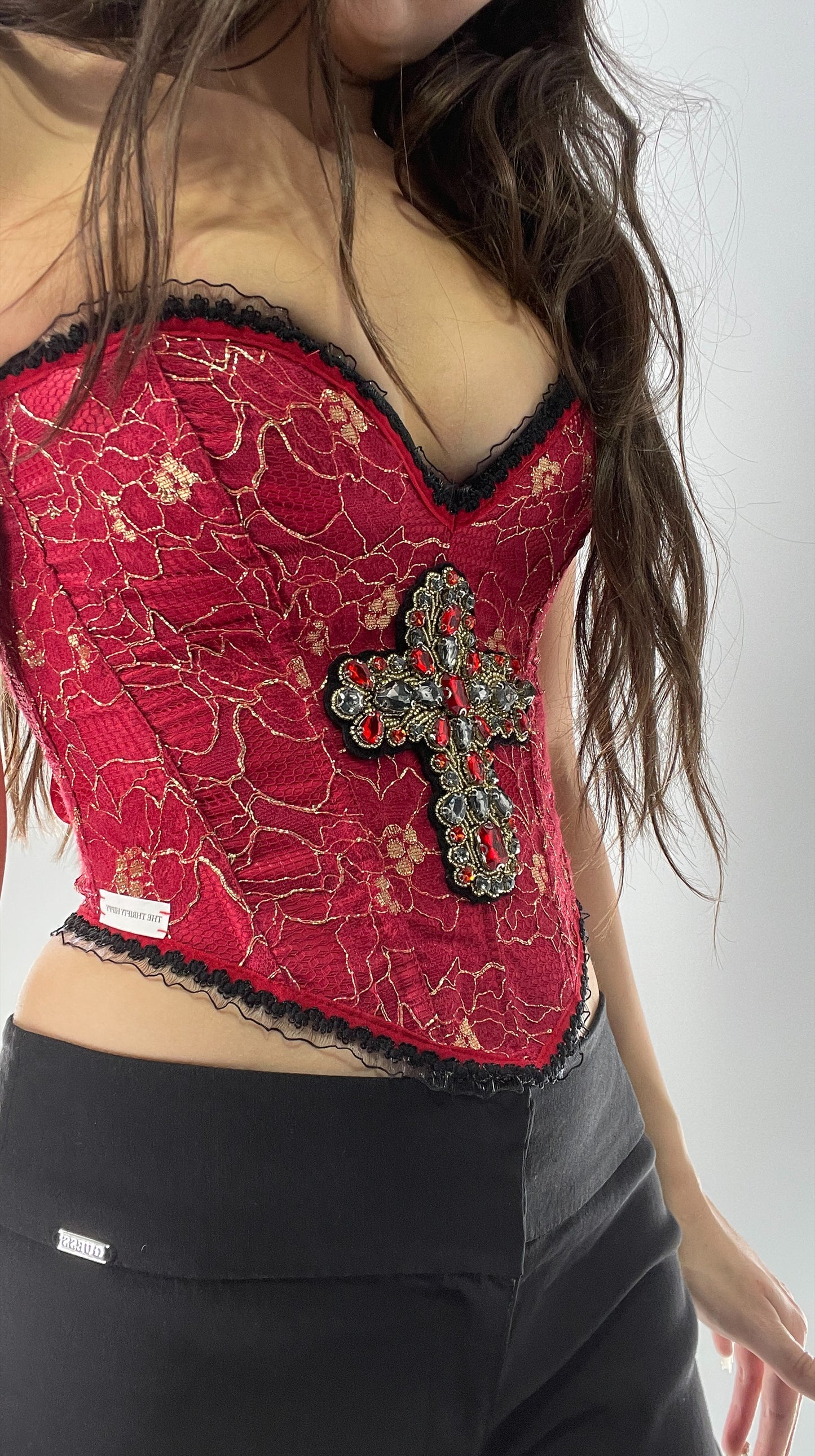 Custom Red Lace Corset with Beaded Cross Appliqué and Lace Trim (XS/S)