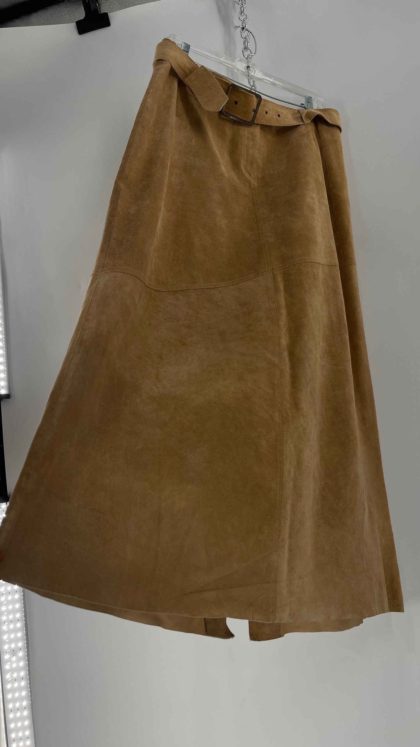 Vintage Margaret Godfrey Tan Suede Low Rise Full Length Skirt with Grommet Belt (14)