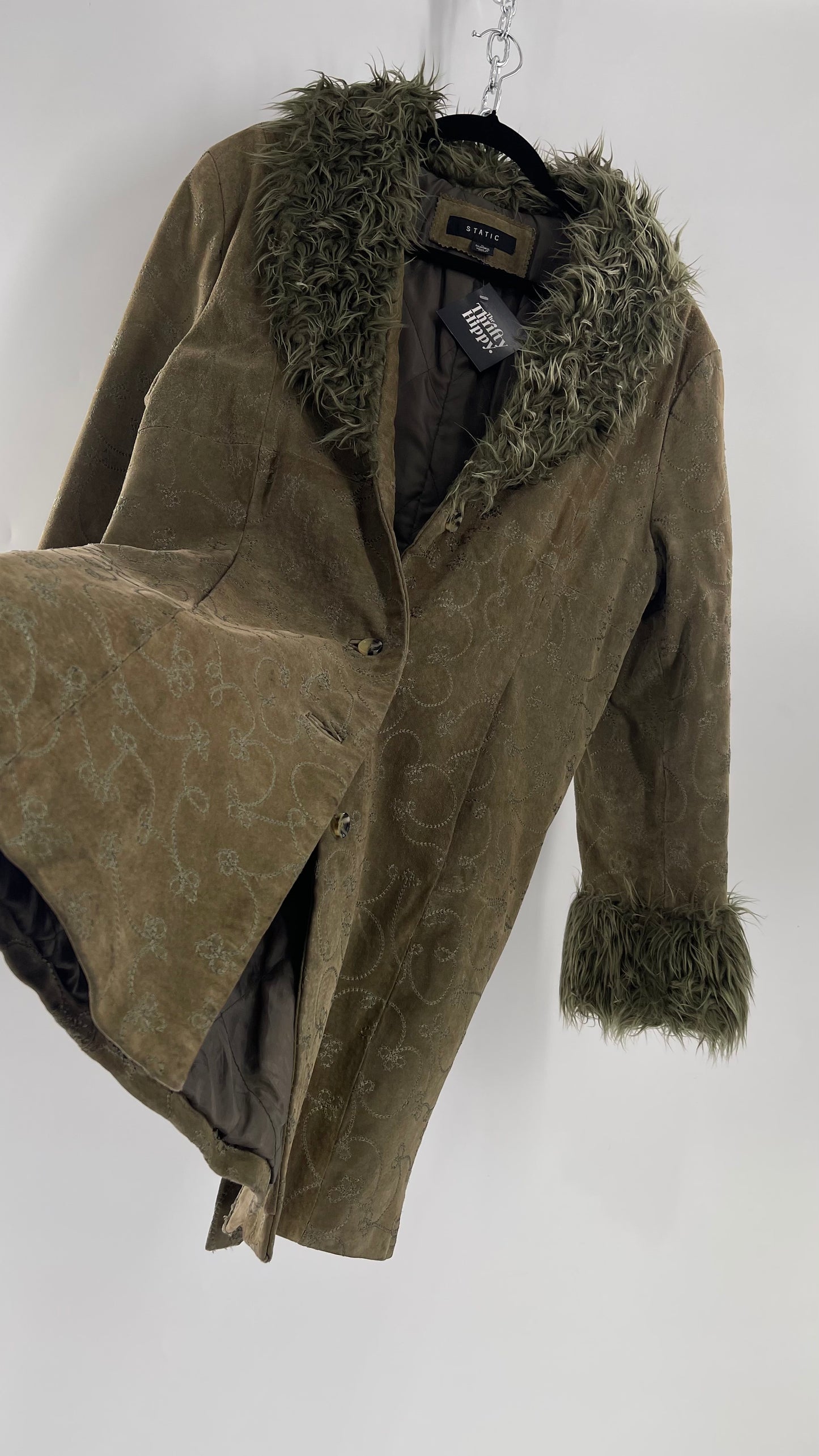 Vintage STATIC Embroidered Genuine Leather Coat with Fur Cuffs and Collar (C) (XL)