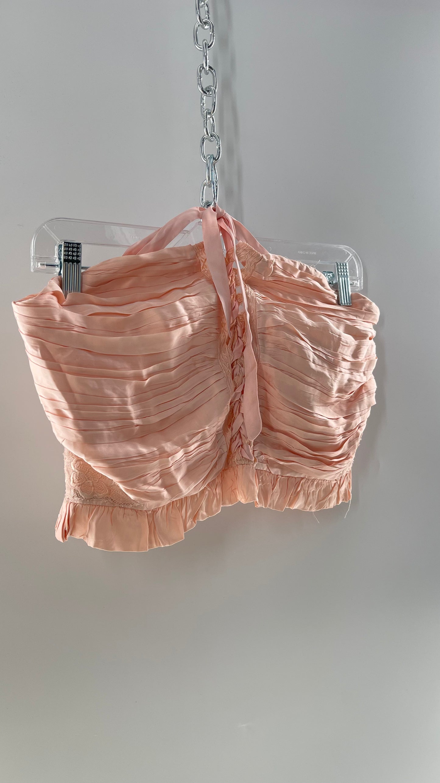 Free People Pink Viscose Pleated Tube Top with Ribbon Lace Up Bodice, Embroidered Flower Detail, and Ruffled Hem (Large)