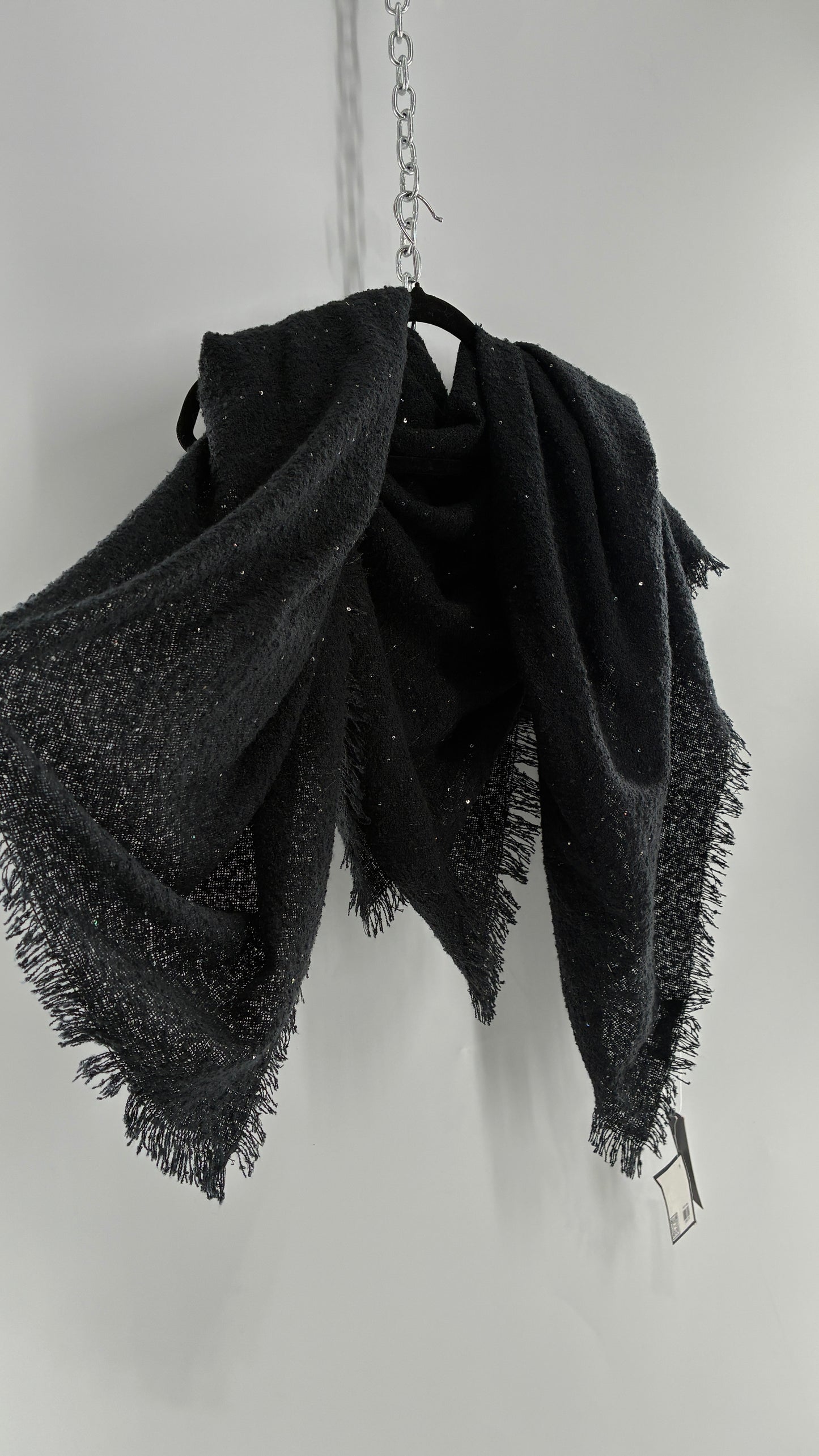 Vintage Marcus Adler Black Fringed Scarf with Iridescent Sequins and Tags