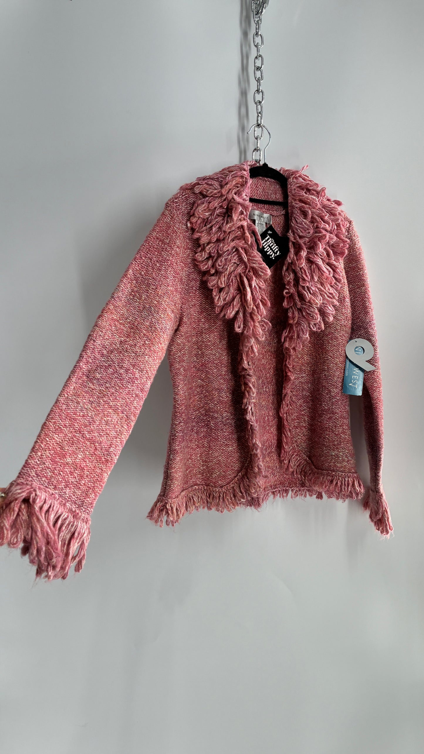 Nine West Pink Knit Cardigan Jacket with Exaggerated Fringe Collar and Cuffs (Large)