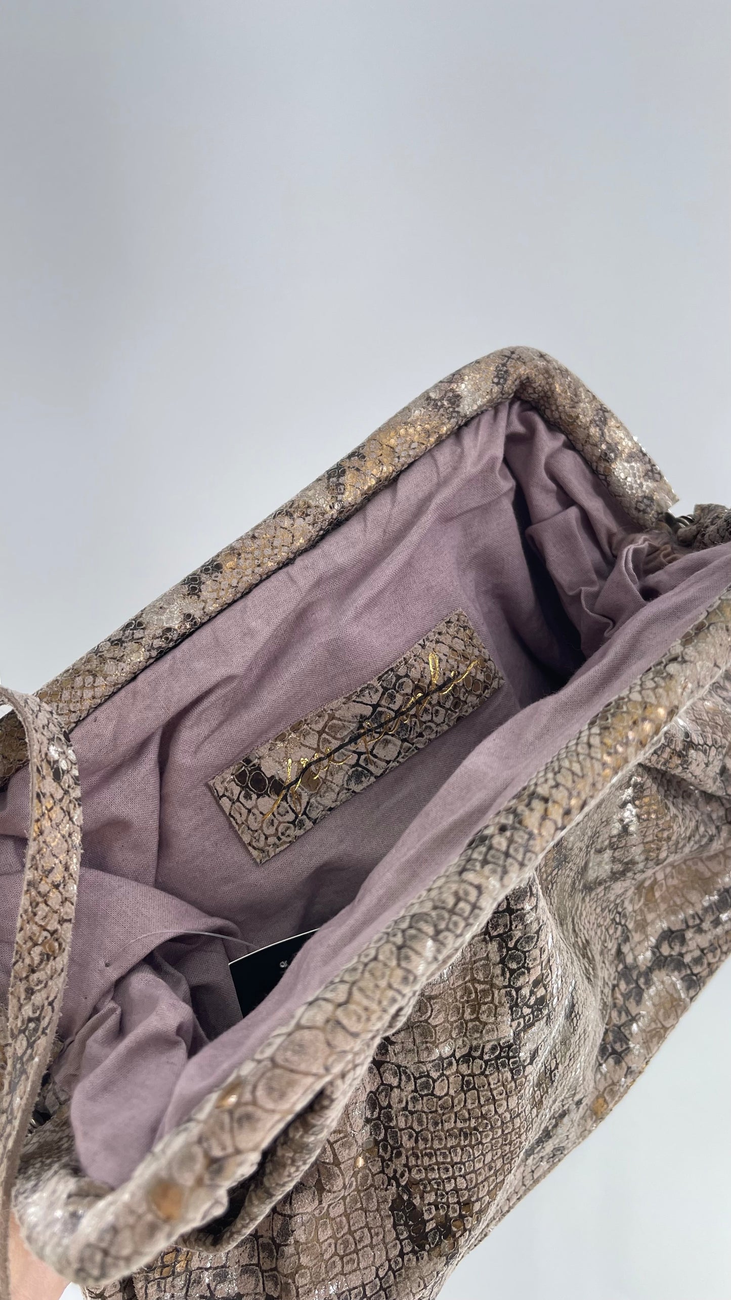 Free People Genuine Leather Clutch and Shoulder Bag Snake Print with Reflective Silver and Gold Flecks