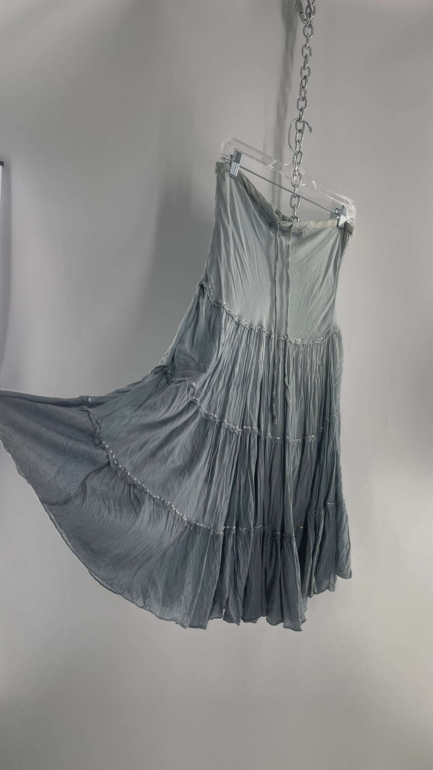 Vintage 100% Cotton Tiered Grey Blue Skirt with Beading (One Size)