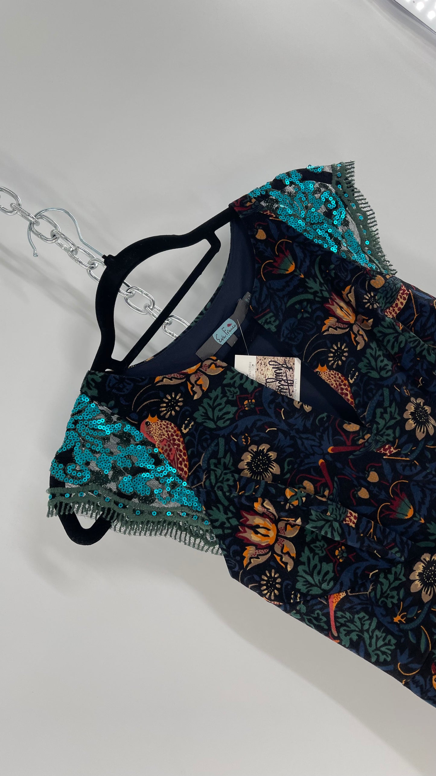 Anthropologie Eva Franco Corduroy Floral Bird Tapestry Print Dress with Sequin Cap Sleeves (4)