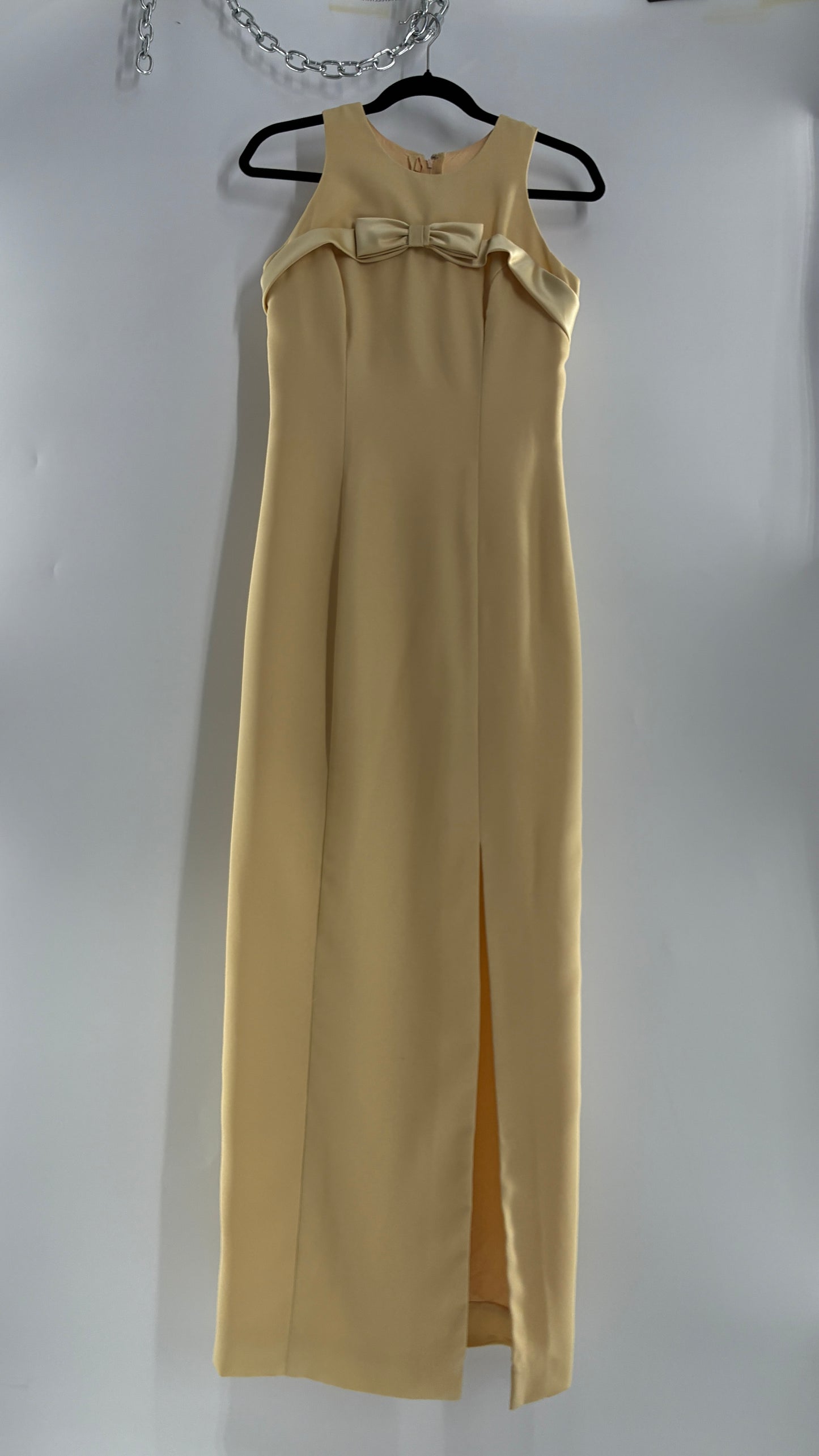 Vintage ALYCE’S Baby Yellow High Neck Satin Bow Bust, Side Slit, Button Back Gown (Measured)