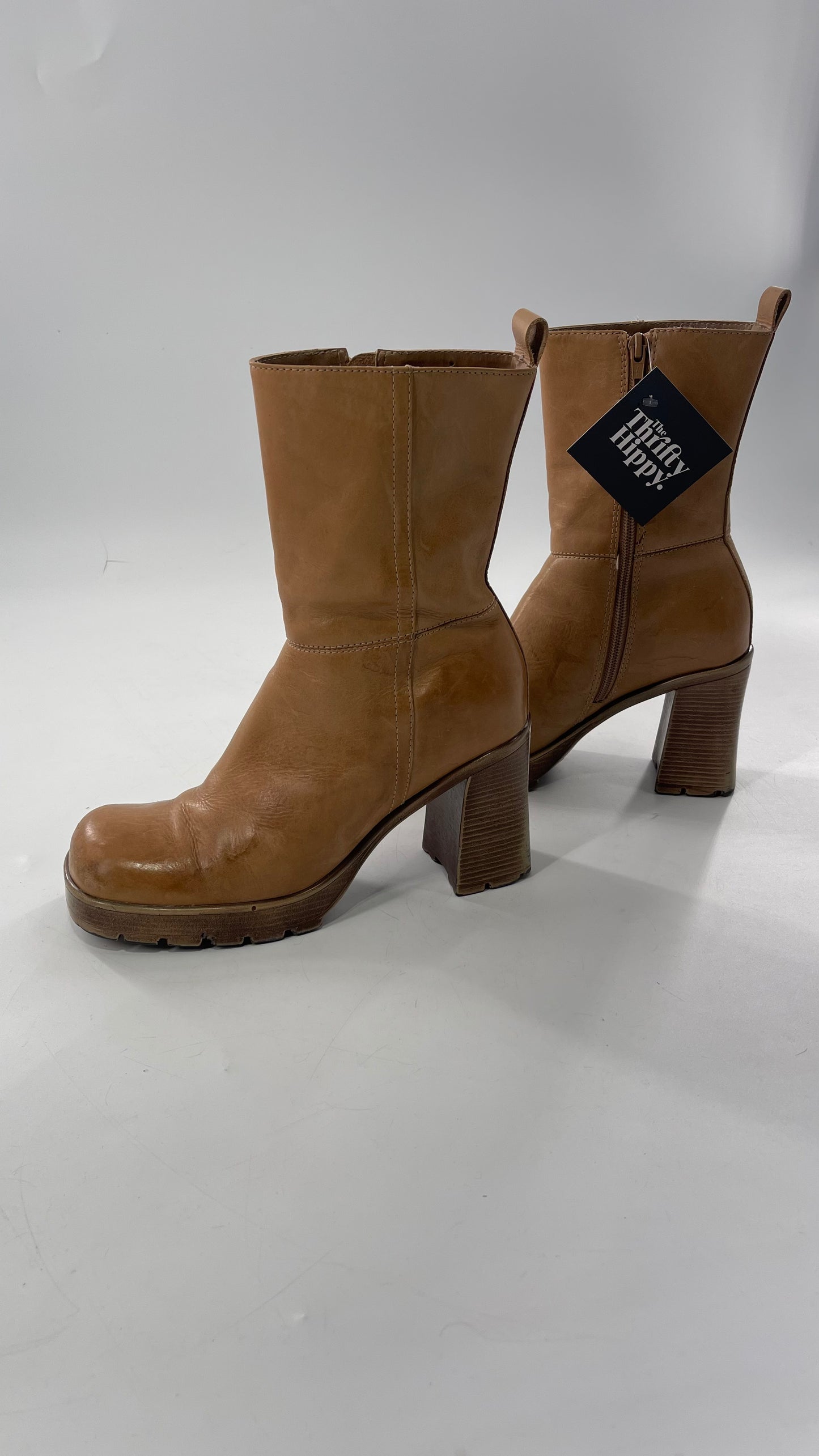 Vintage 90s Steve Madden Tan Leather Funky Square Toe Boot with Platform and Chunky Heel