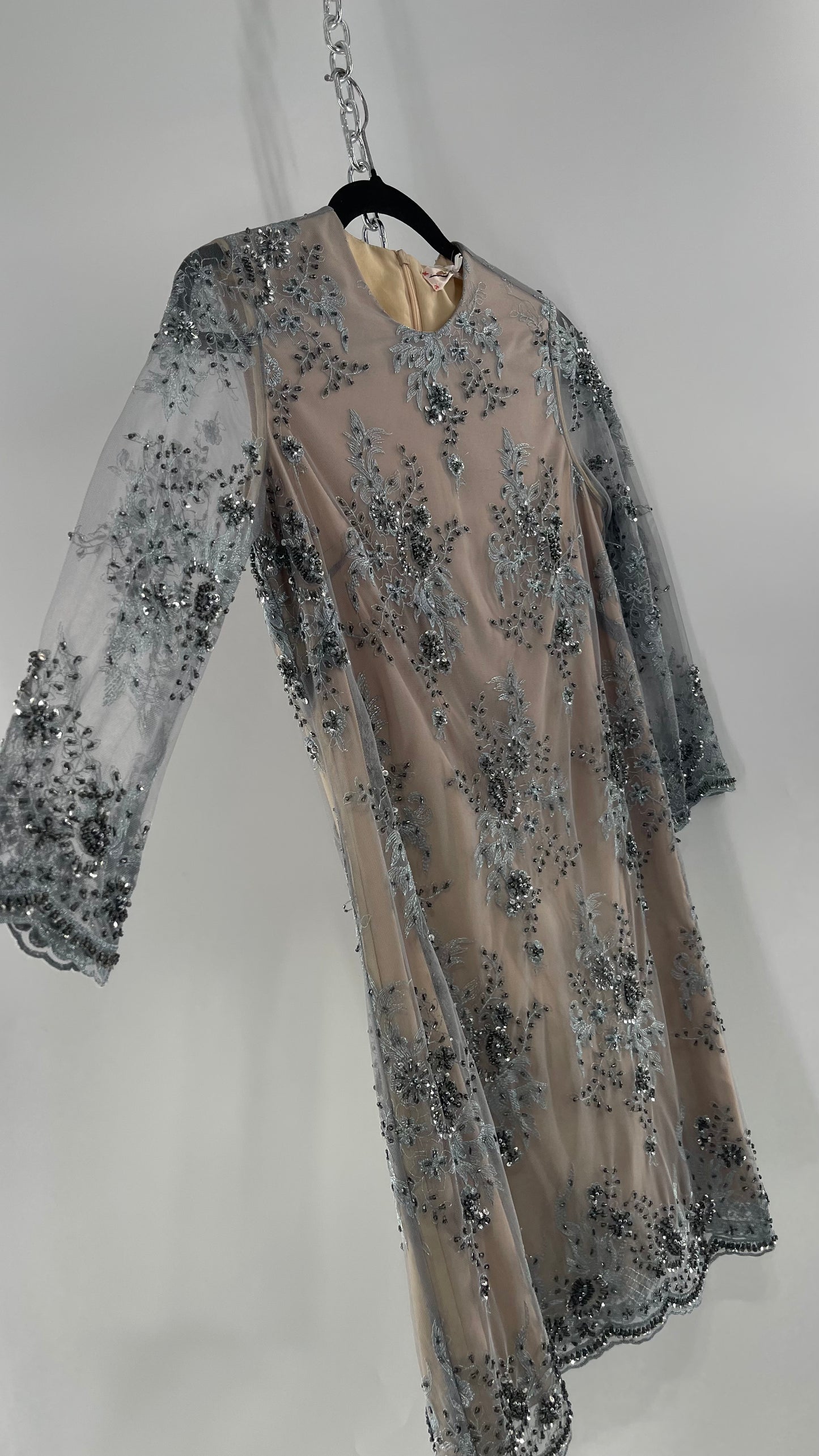 Koravilas Anthropologie Grey Mesh Embroidered Lace Long Sleeve Beaded Dress (4)
