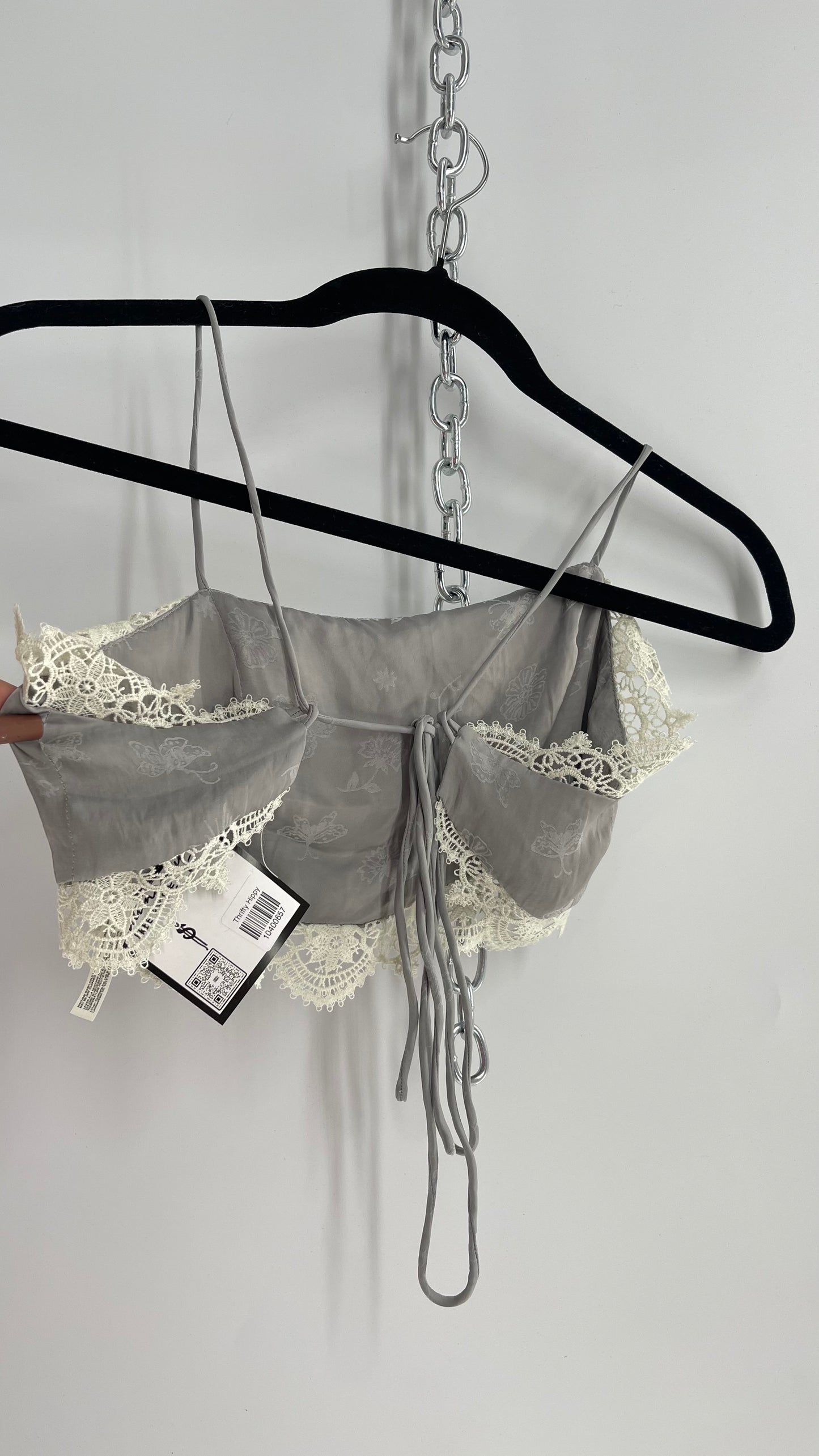 Intimately Free People Grey Silky Bustier with Tattoo Pattern and White Lace Trim (XS)