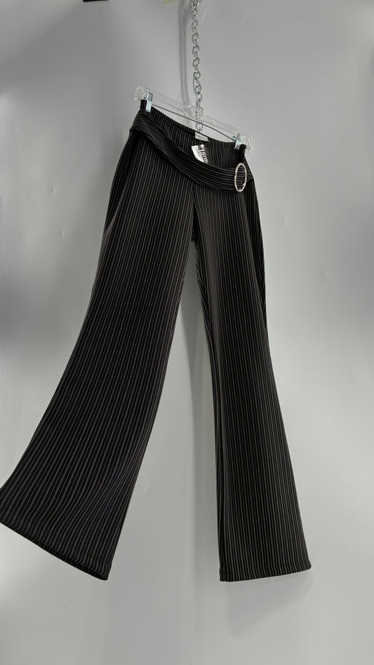 Vintage FASHION BUG Low Rise Black Striped Kick Flares with Silver Buckle Belt 1990s (6)