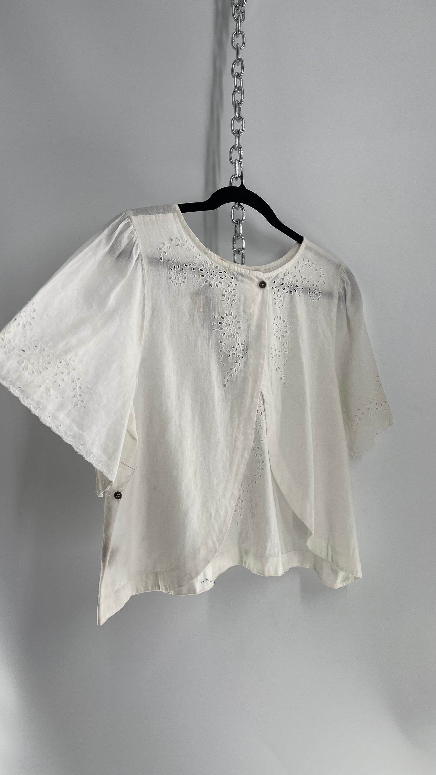 Free People Off White Cotton Open Back Eyelet Lace Short Sleeve (Medium)
