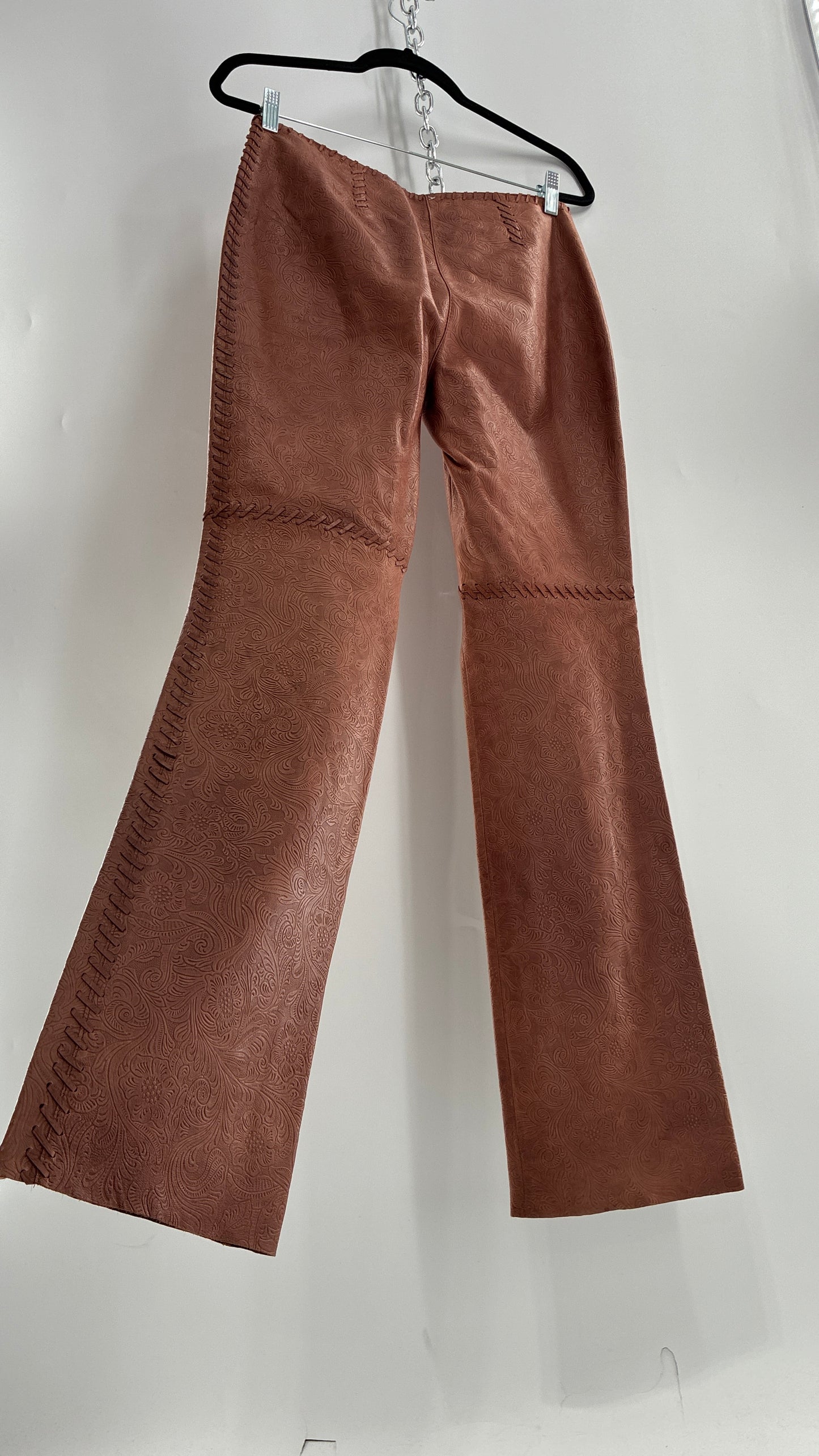 Vintage Embossed Paisley Patterned Genuine Leather Pants with Stitching Details (No Label Unbranded, S)