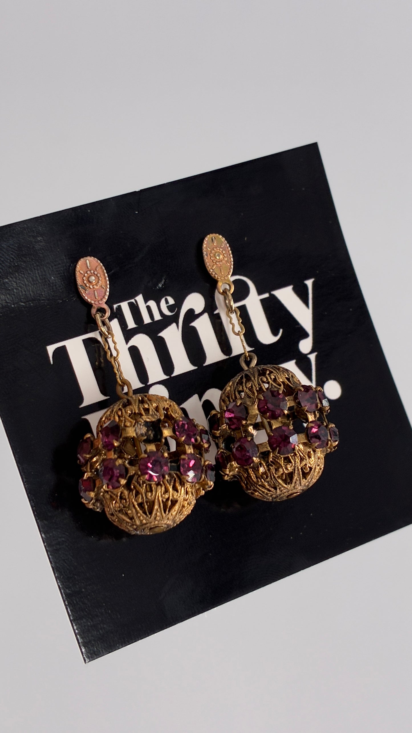 Vintage Bronze Ornate Cage Pendant Earrings with Purple Stone Details