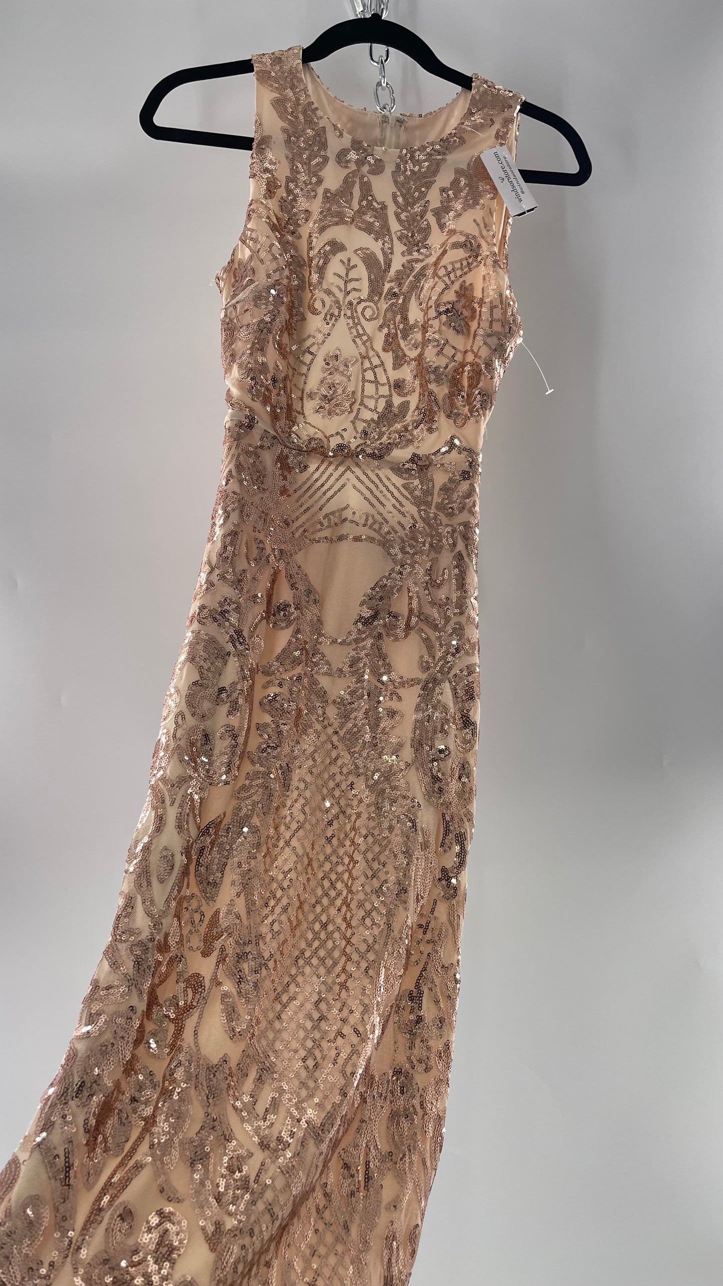 Windsor Rose Gold Sequin Maxi Dress with Side Slit Detail and Open Back (Small)