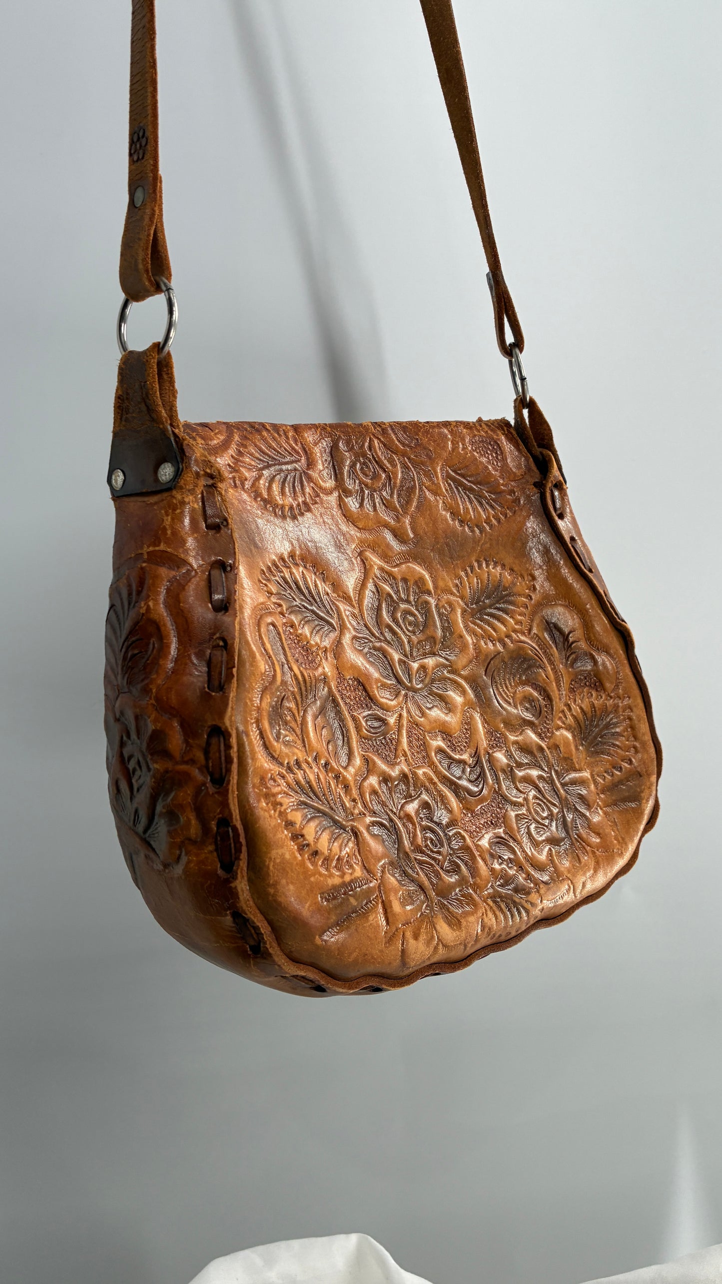 Vintage Made in Mexico Rose Embossed Leather Satchel Bag with Debbie Signature
