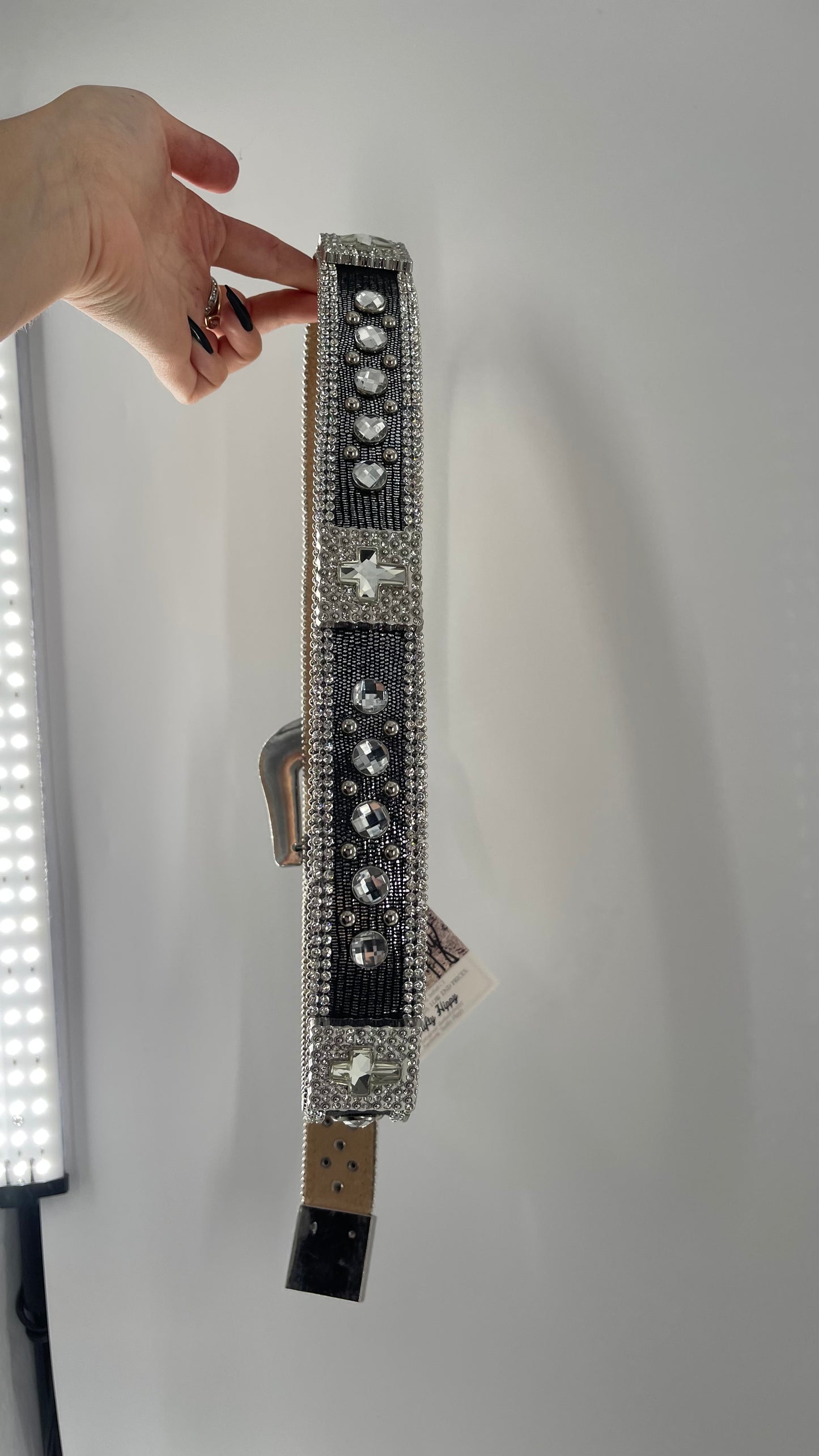 Free People Dark Silver Metallic Snake Print Belt covered in Crystal Embellishments and Heavy Metal Crosses (M)