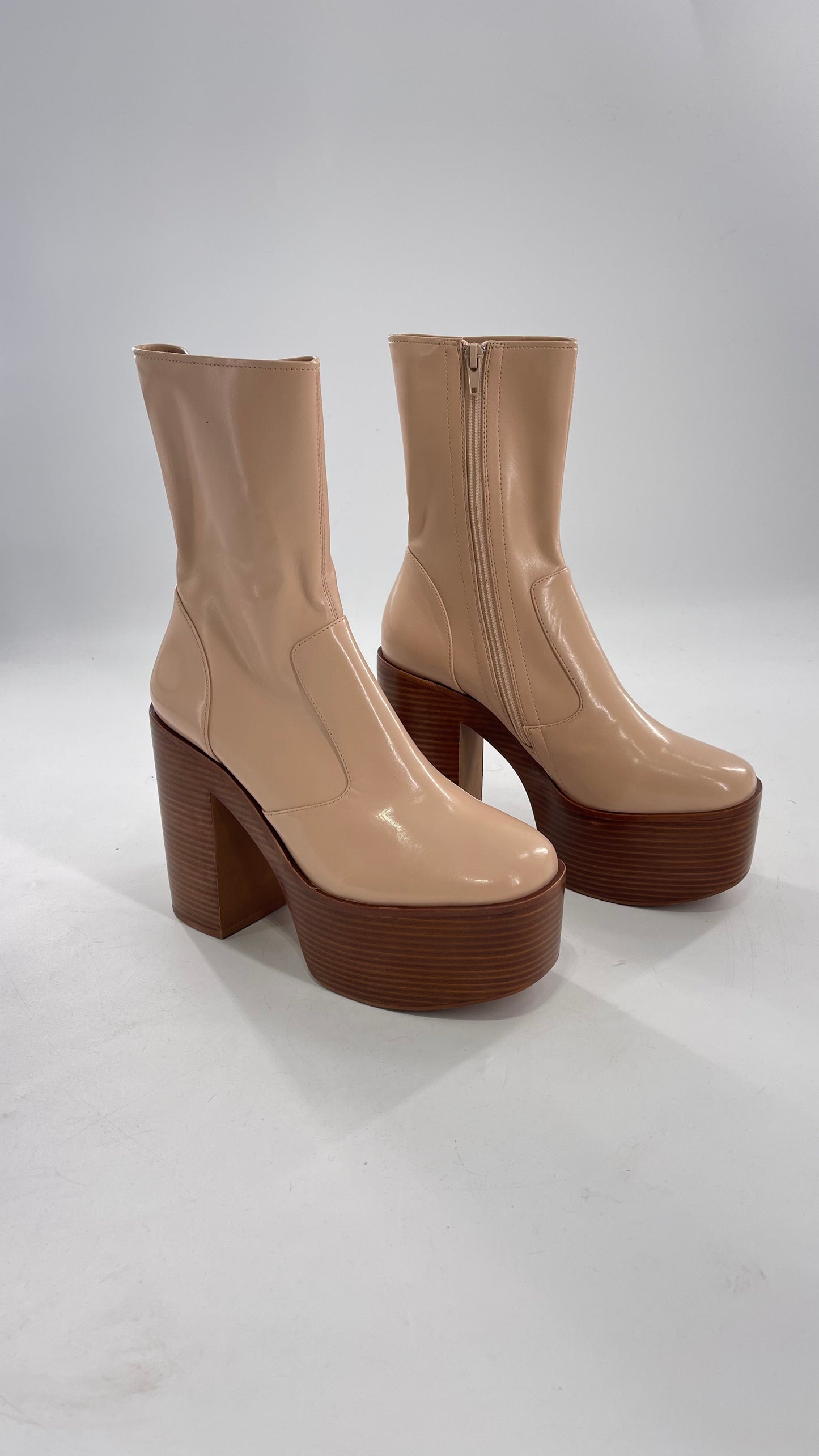 Free People X Jeffrey Campbell Mexique GoGo Boots • Beige Patent Boot with Wood Grain Chunky Block Heel and Platform (9)