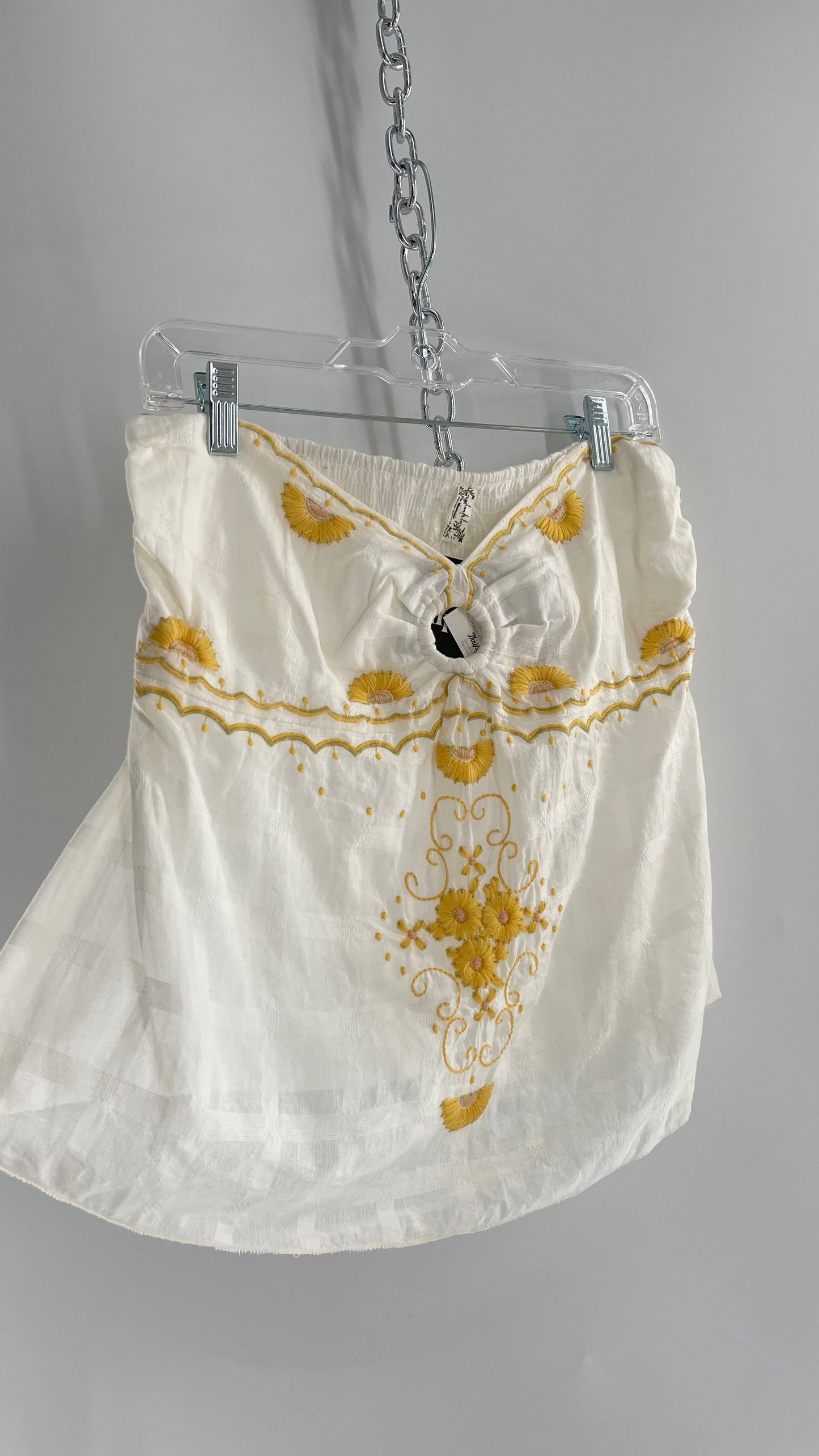 Intimately Free People White Cotton Tube Tank with Yellow Embroidered Detailing (L)